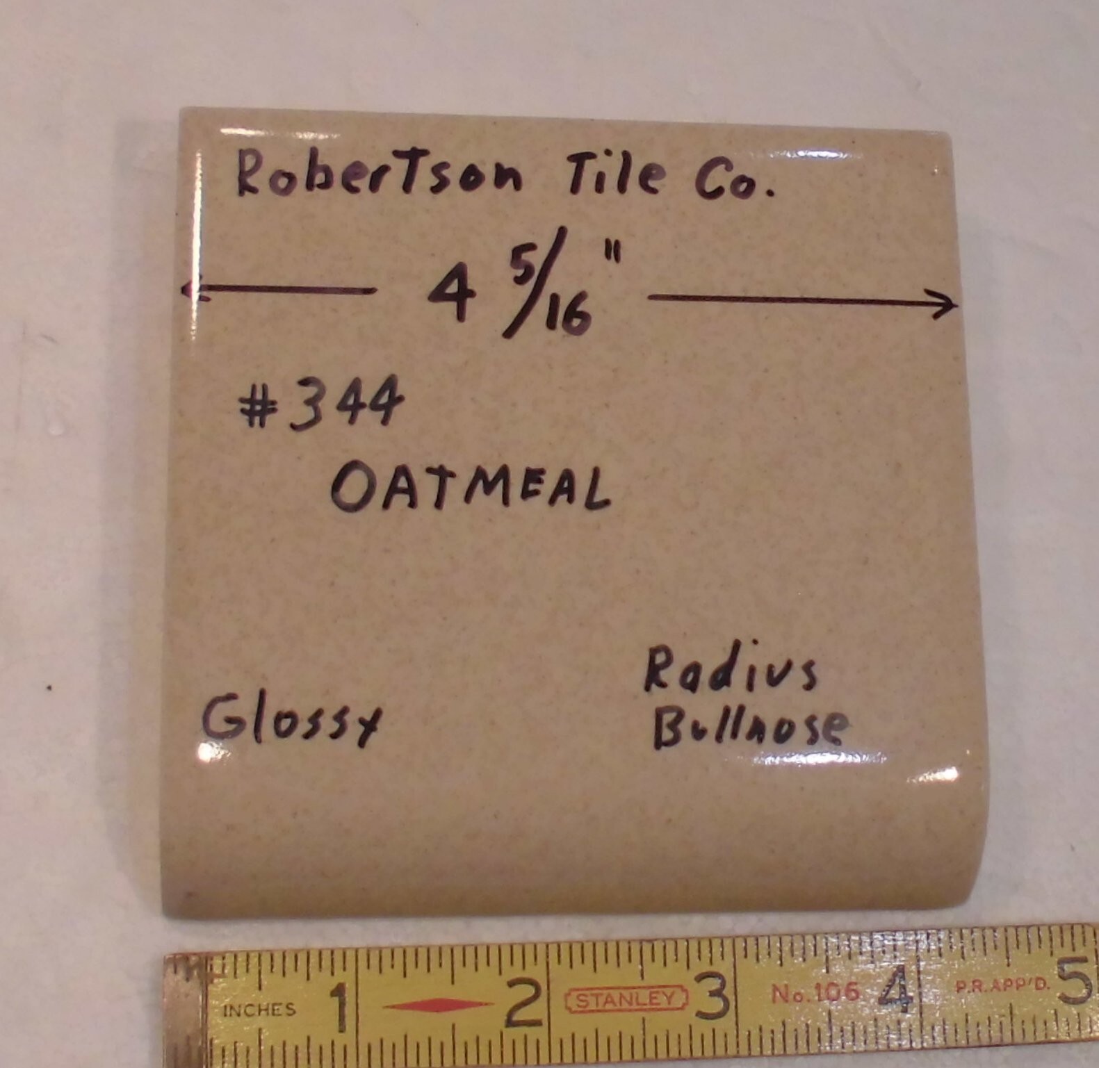 1 pc. Oatmeal-Buckwheat: Radius Bullnose Glossy Ceramic Tile Robertson 4-5/16″