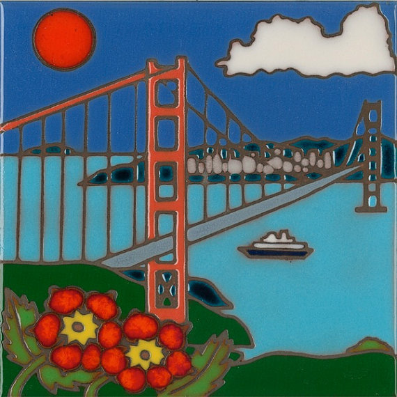 Ceramic Tile Golden Gate Bridge hand painted wall decor hot plate installation