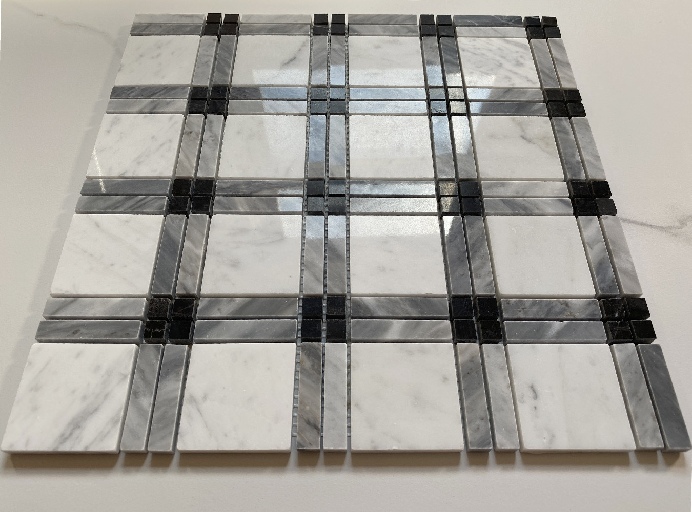 C261XP Carrara White Gray Black Marble Plaid Tartan Gingham Tile Polished