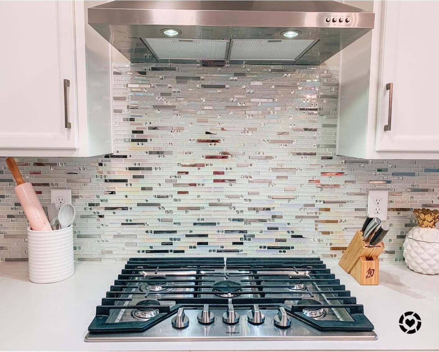 Iridescent White Silver Glass Tile Backsplash for Kitchen & Bath 5 Sq Ft