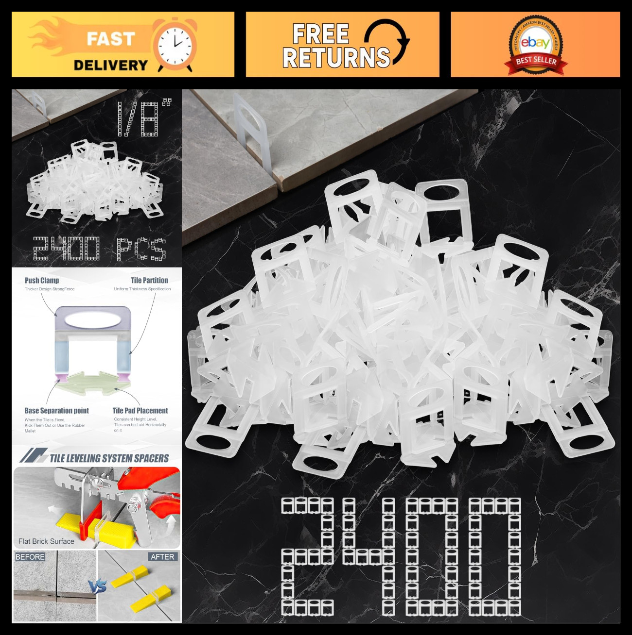Tile Leveling System – 2400-Piece Spacers & Clips, 1/8″ Lippage-Free Installatio