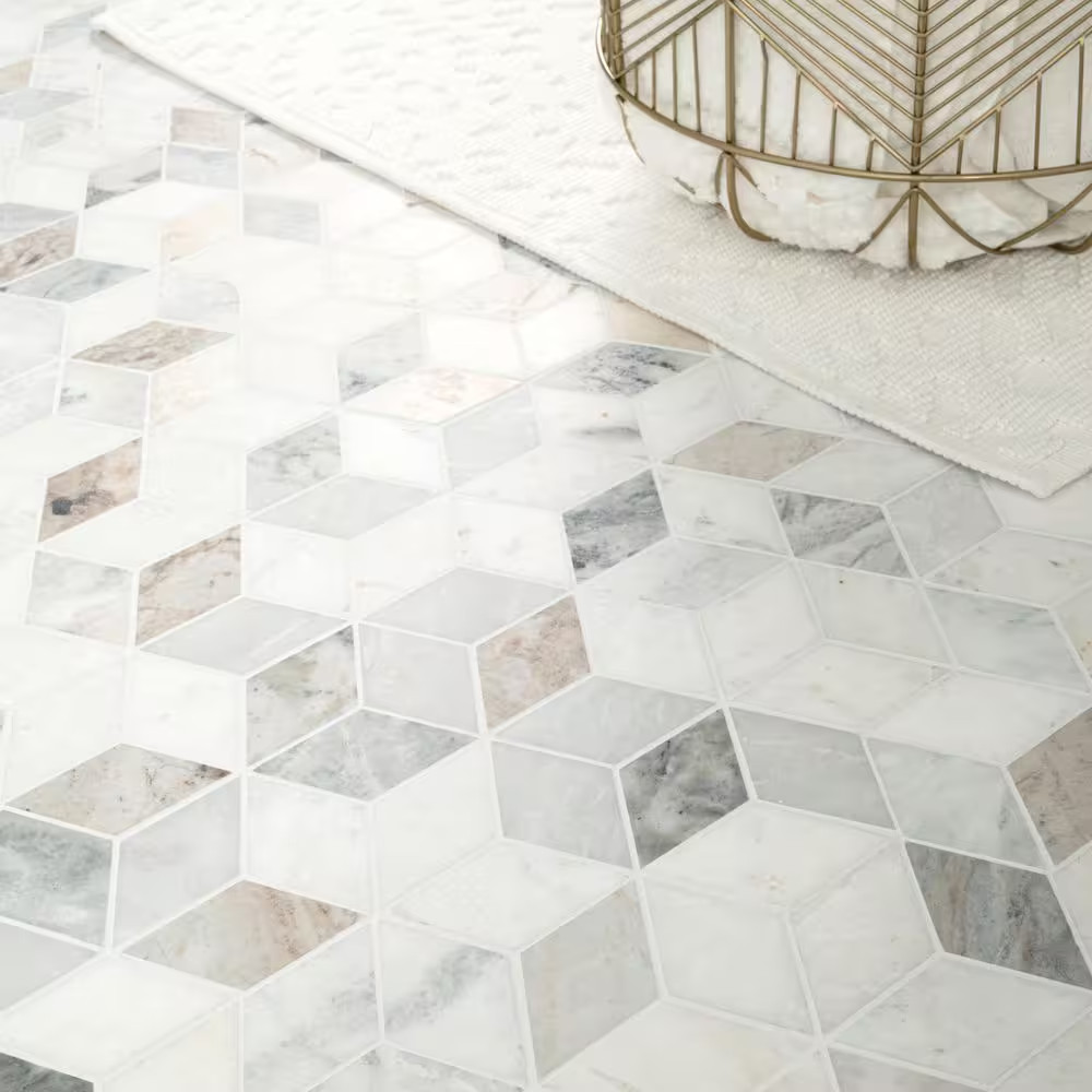 Arabescato Carrara Venato Cube 11 In. X 13 In. Mixed Marble Mesh-Mounted Mosaic