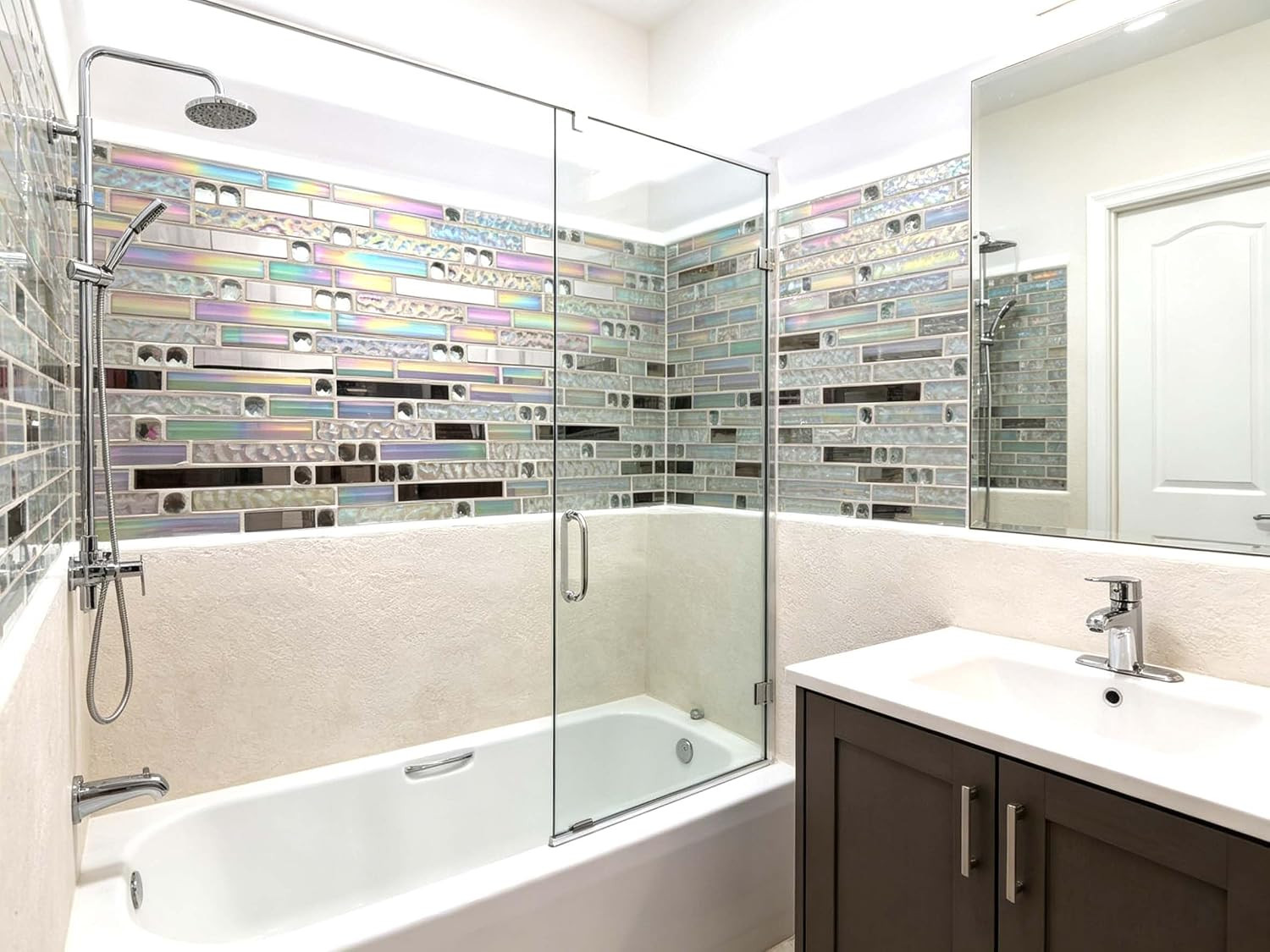 Iridescent White Silver Glass Tile Backsplash for Kitchen & Bath 5 Sq Ft