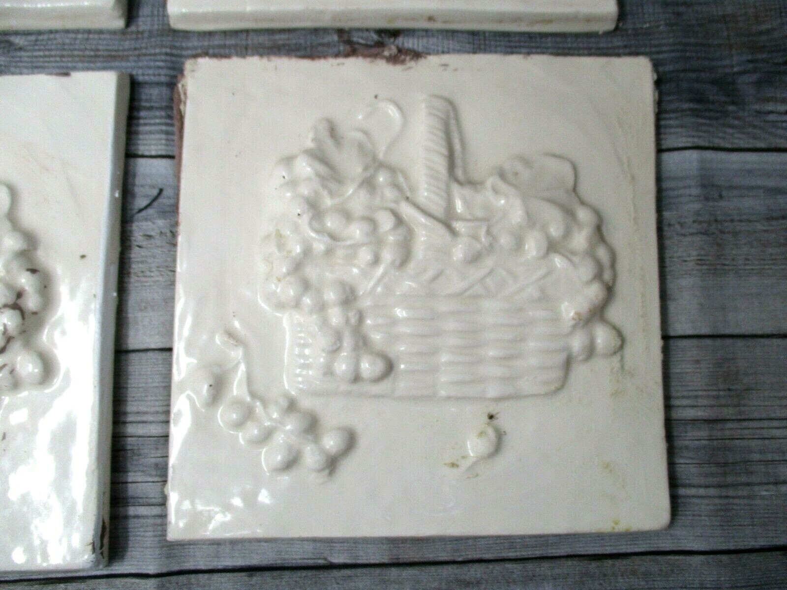 Vintage Ceramic Tile 6 inch white raised grape fruit basket country kitchen