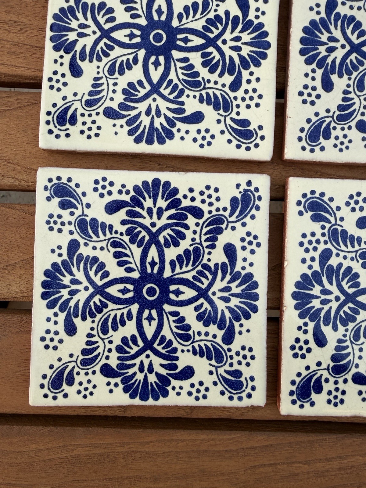 MEXICAN TALAVERA TILES 4×4 TERRACOTTA & WHITE BLUE FOLK ART