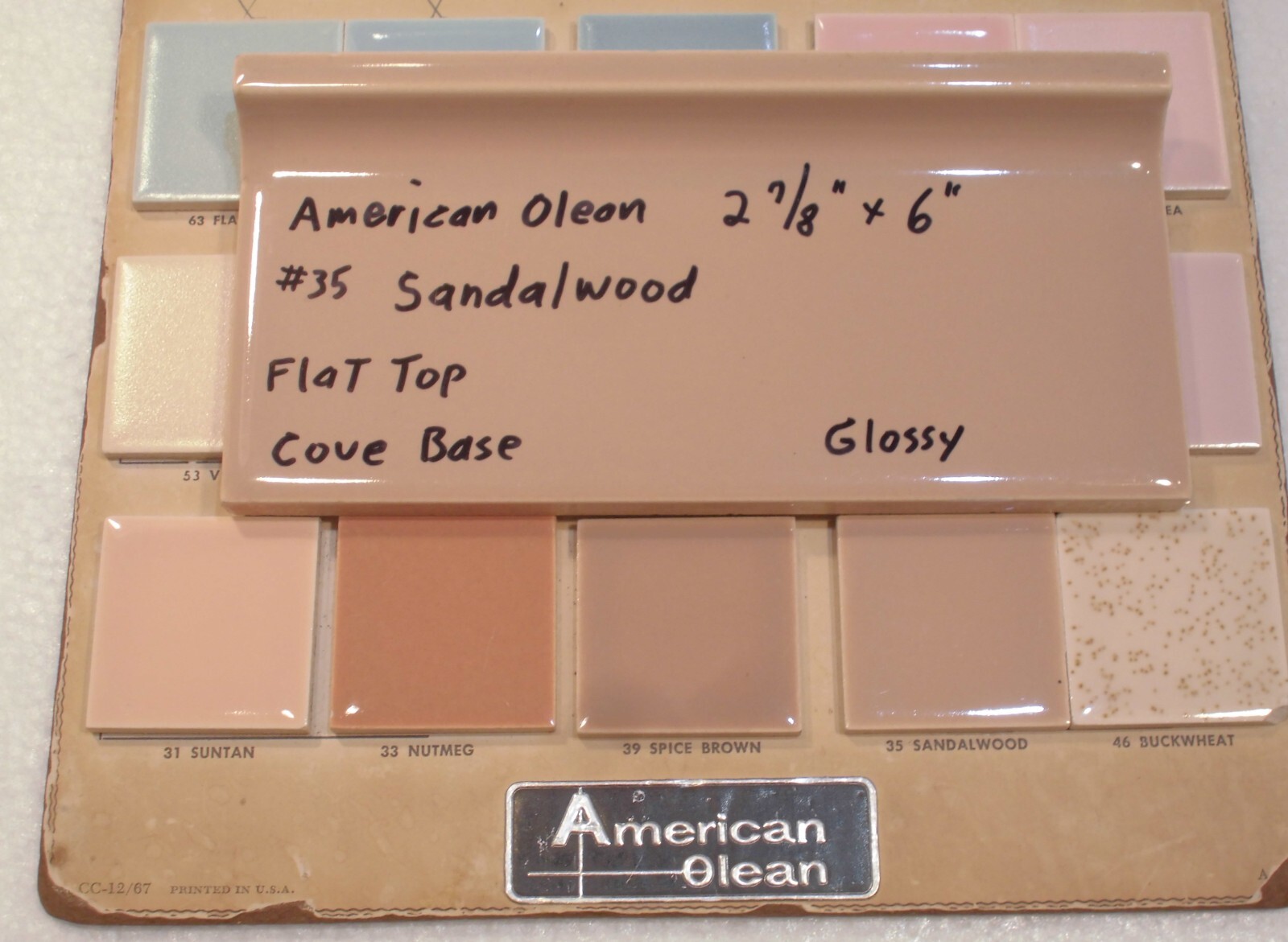 1 pc. Medium Brown: Flat Top; base/cove Ceramic Tile; 6″ X 2-7/8″ American Olean