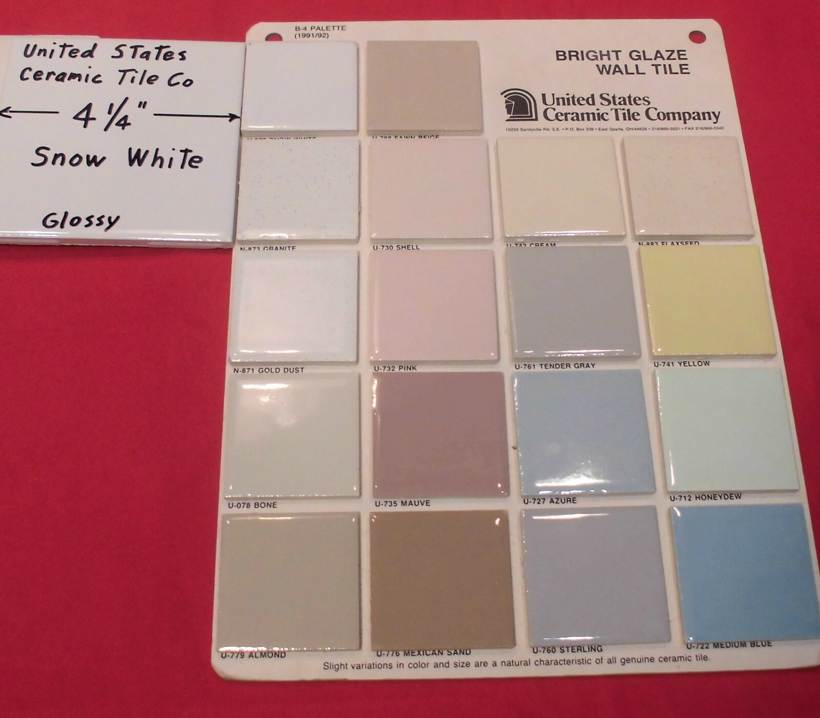 5 pack: Glossy Ceramic Tiles *Snow White* 4-1/4″ From the 1990’s Made in U.S.A.