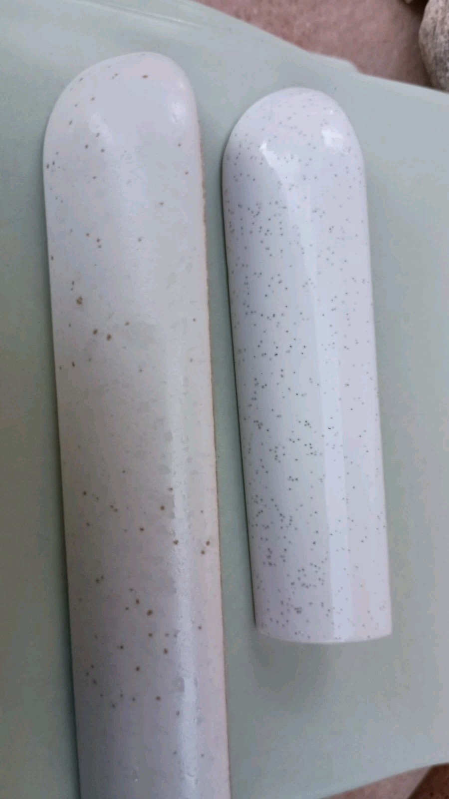 2 pcs. Speckled Beige Ceramic Quarter Round Tiles 1″ X 6″ Finished Corner Beak