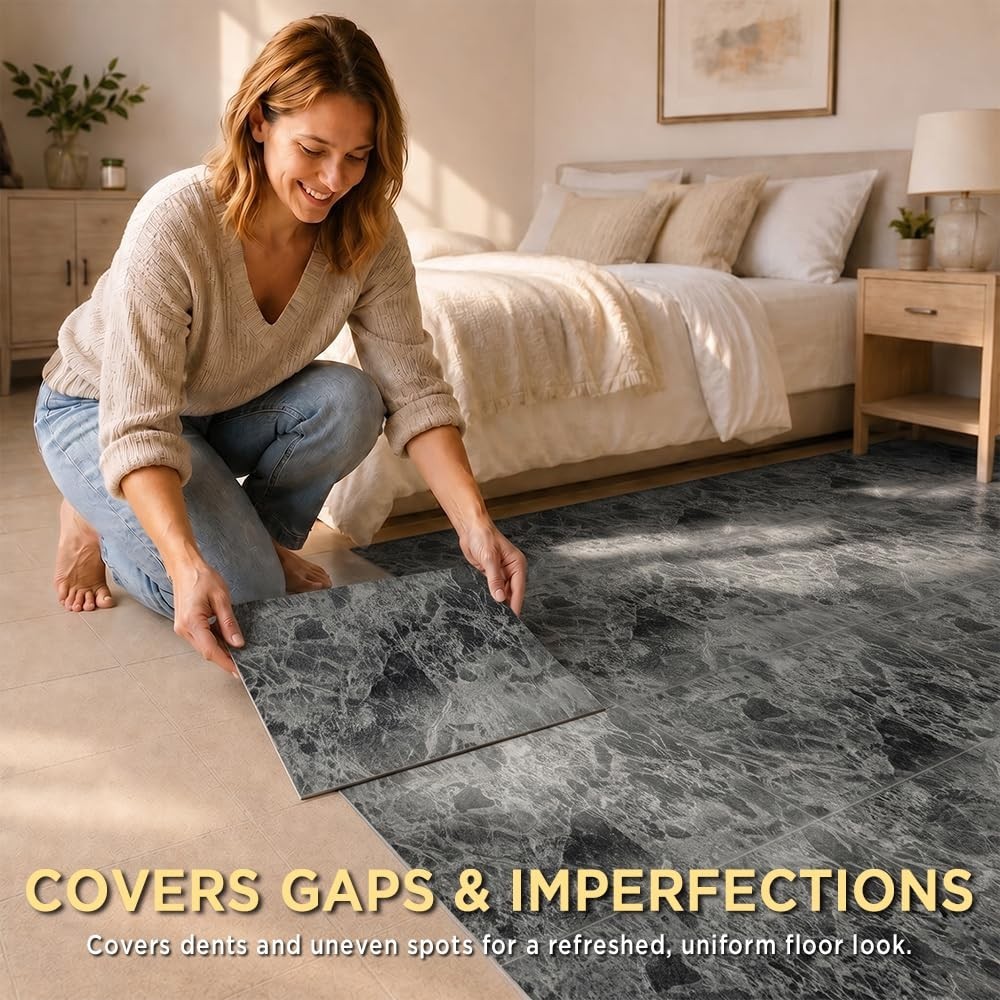 12×12 Peel and Stick Marble Grain Floor Tile – 20 PCS, Non-Slip, No Grout, Easy