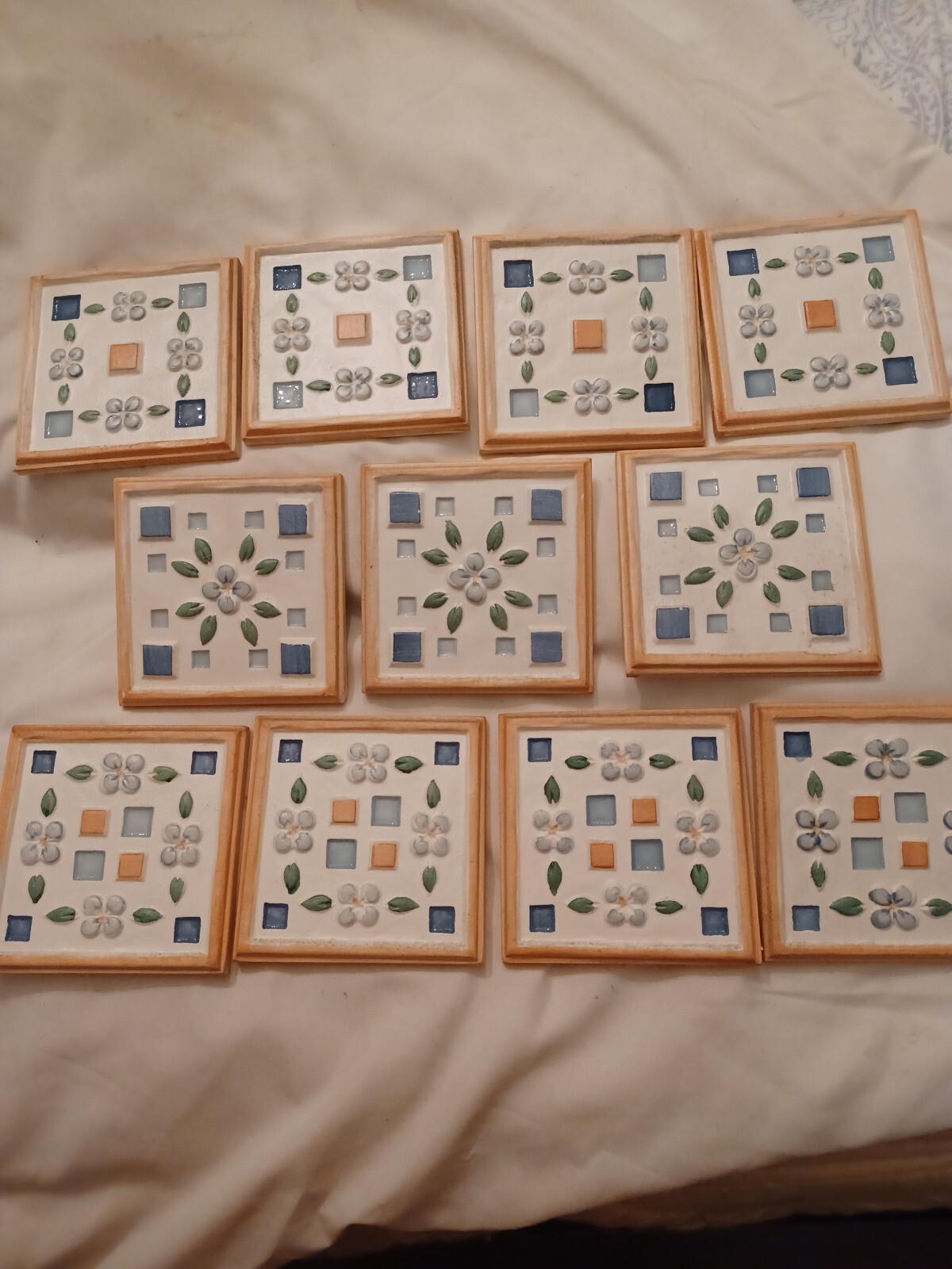 11 pieces – Decorative Ceramic Tile 3 7/8 X 3 7/8 inches – flowers & squares