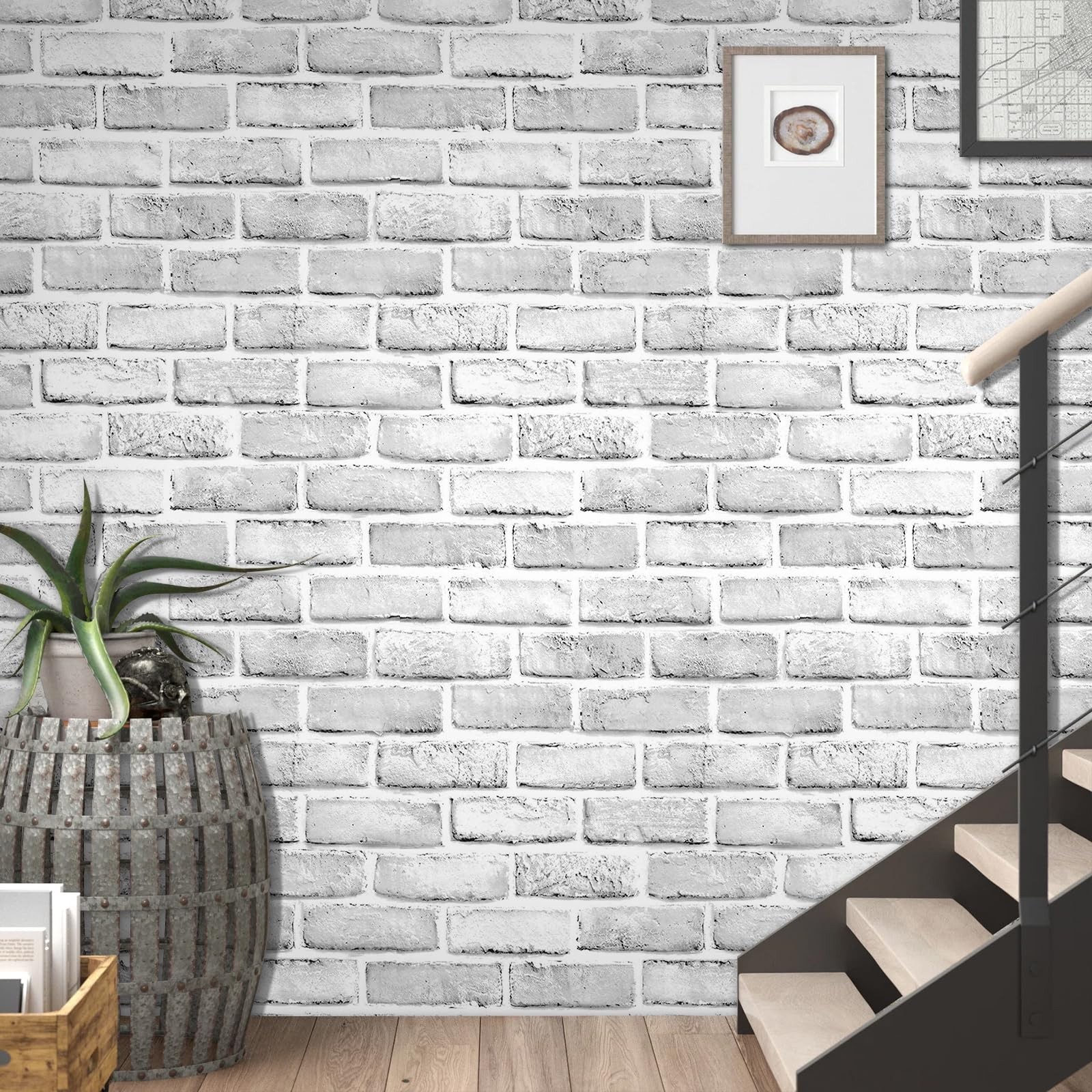Shackcom Gray-White Brick Wallpaper 2 Rolls 17.5″ x 393″ Self-Adhesive Peel a…