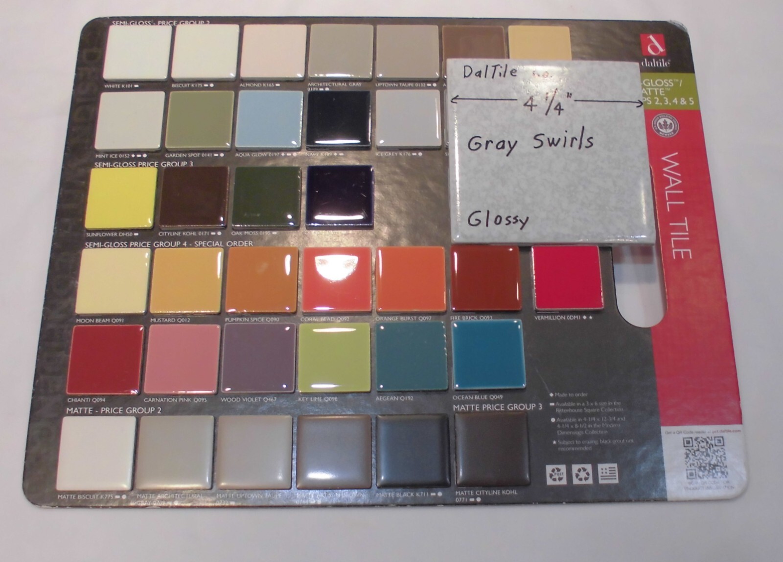 1 pc. Gray Swirls on White Background; Glossy Ceramic Tile; by Daltile 4-1/4″