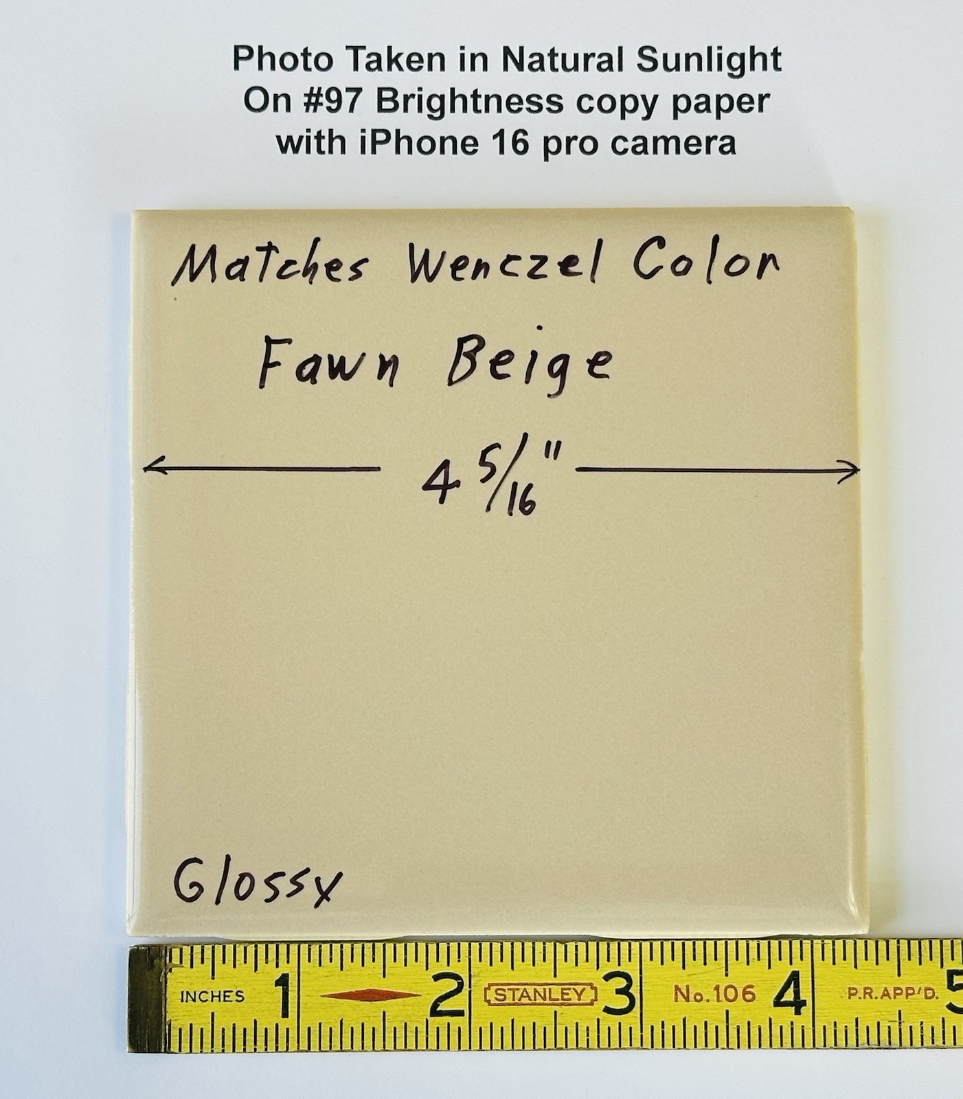 1 pc. Fawn Beige: 4-5/16″ Glossy Ceramic Tile, matches Wenczel Color #223, NOS