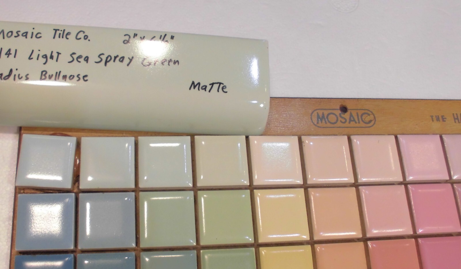 1 pc. Light Green: 2″ X 6″ Semi- Matte Ceramic Bullnose Radius Tile, Mosaic Co.