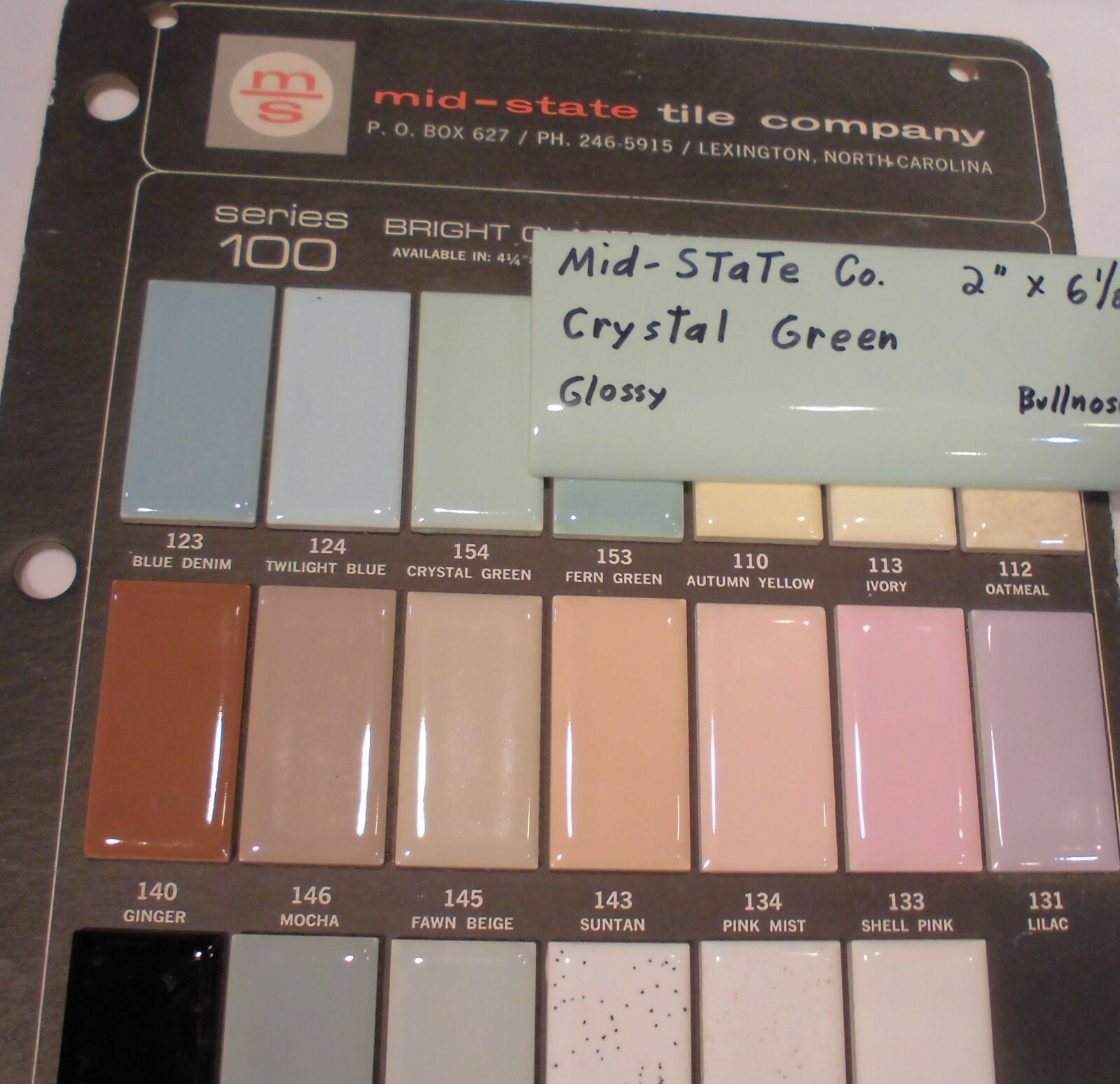 1 pc. Crystal Green: 2” X 6” Glossy Ceramic Bullnose Tile by MID-STATE, NOS