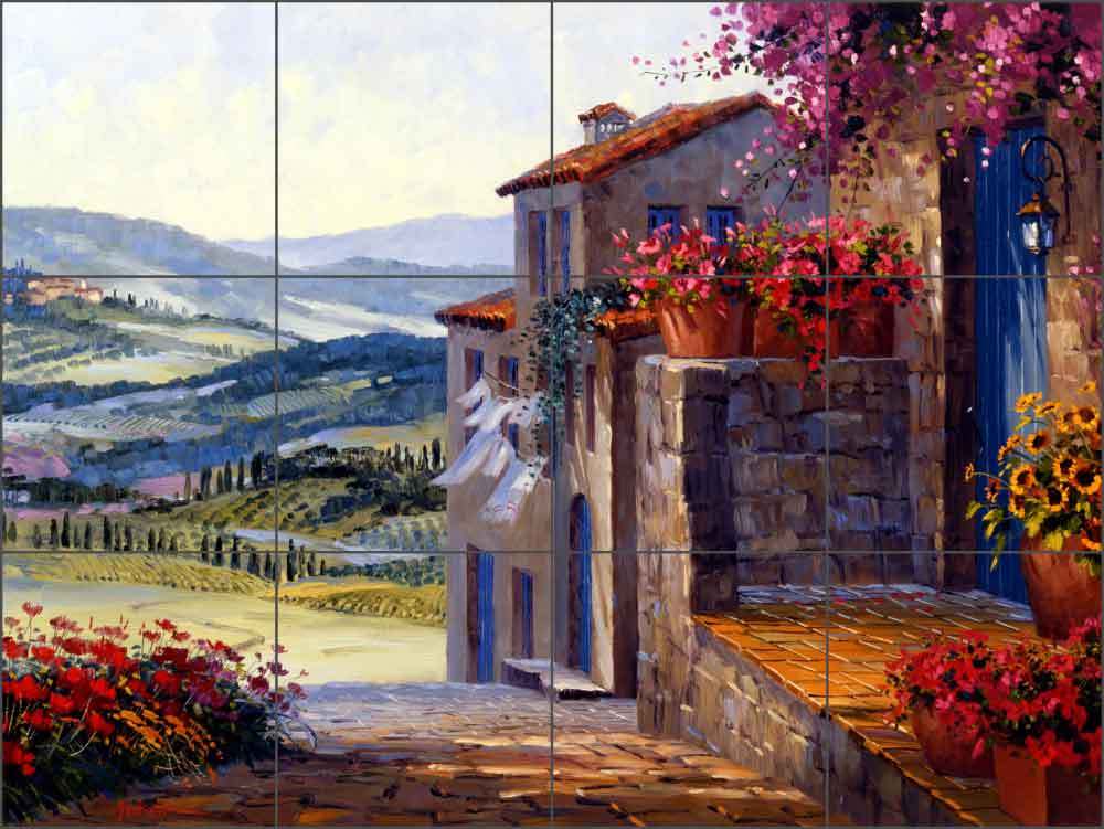 Ceramic Tile Mural Backsplash Senkarik Tuscan Villa Landscape Art MSA012