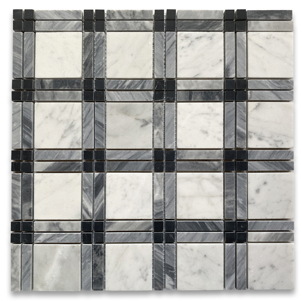 C261XH Carrara White Black Gray Marble Plaid Tartan Wall Floor Tile Matte
