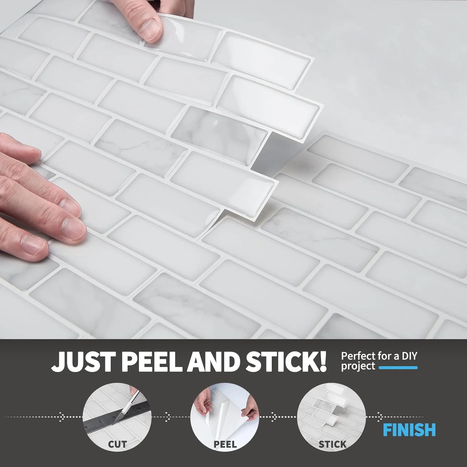 10-Pack Peel and Stick Stone Backsplash Tile, 12″ x 12″, White Marble | Strong A