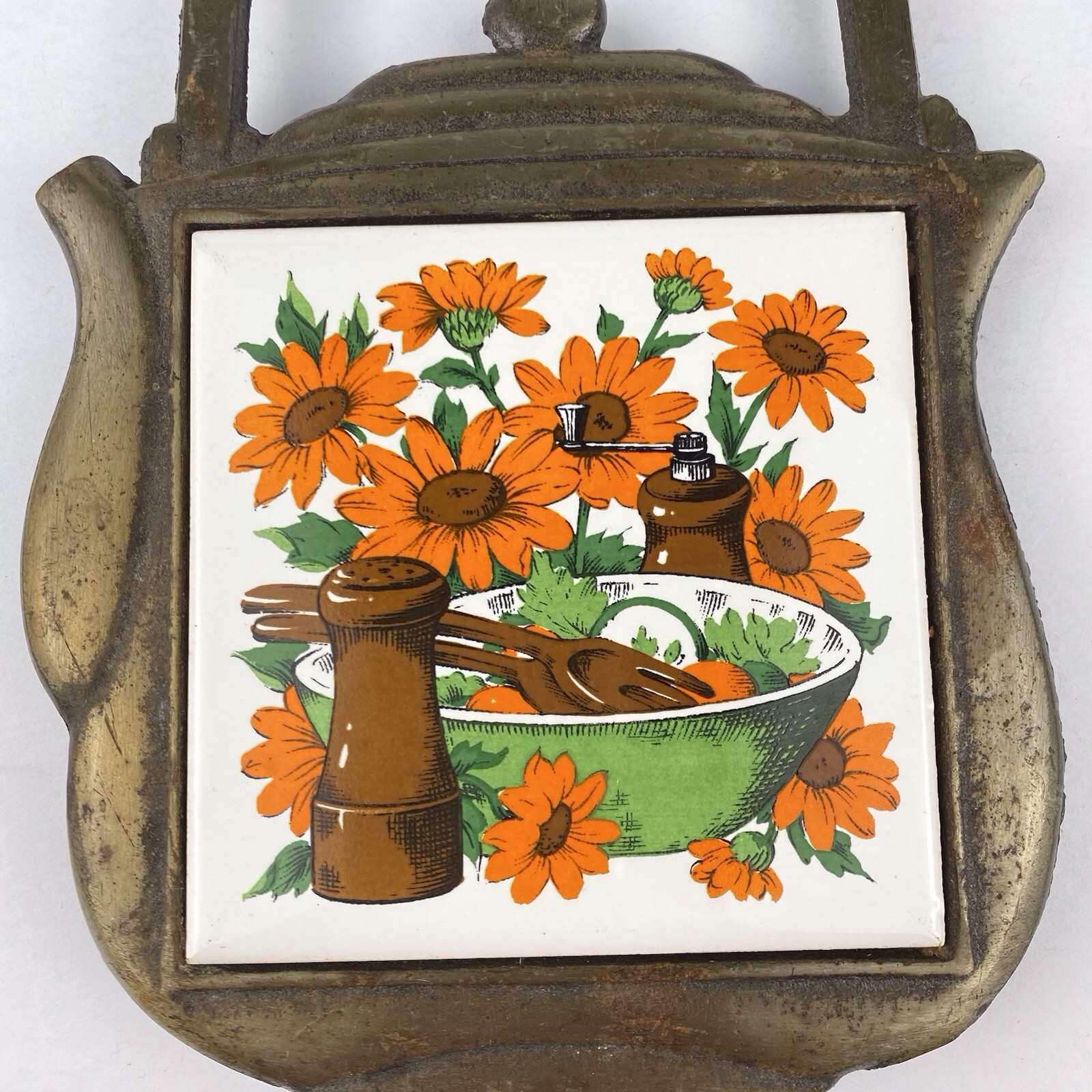 Vintage Cherry Japan Tile Cast Metal Trivet Hot Plate MCM 70s Floral Tea Pot