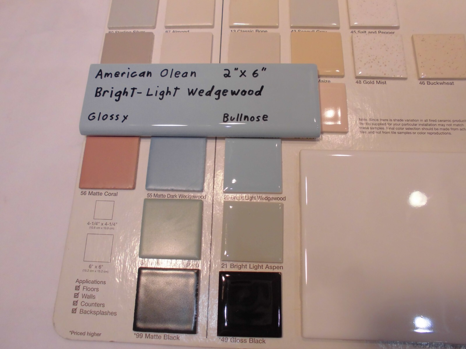 1 pc. Ceramic Bullnose Tile 2” X 6” Light Bright Wedgewood Blue: American Olean