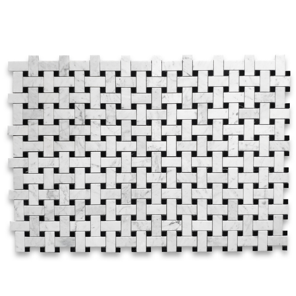 C65L1XH Carrara White Marble Wide Basketweave Mosaic Tile Black dots Honed