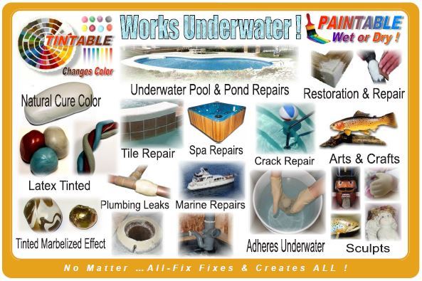 Pool All Fix H20 EPOXY PUTTY Repair MULTI USE Leaks Cracks Tile Stone Plastic