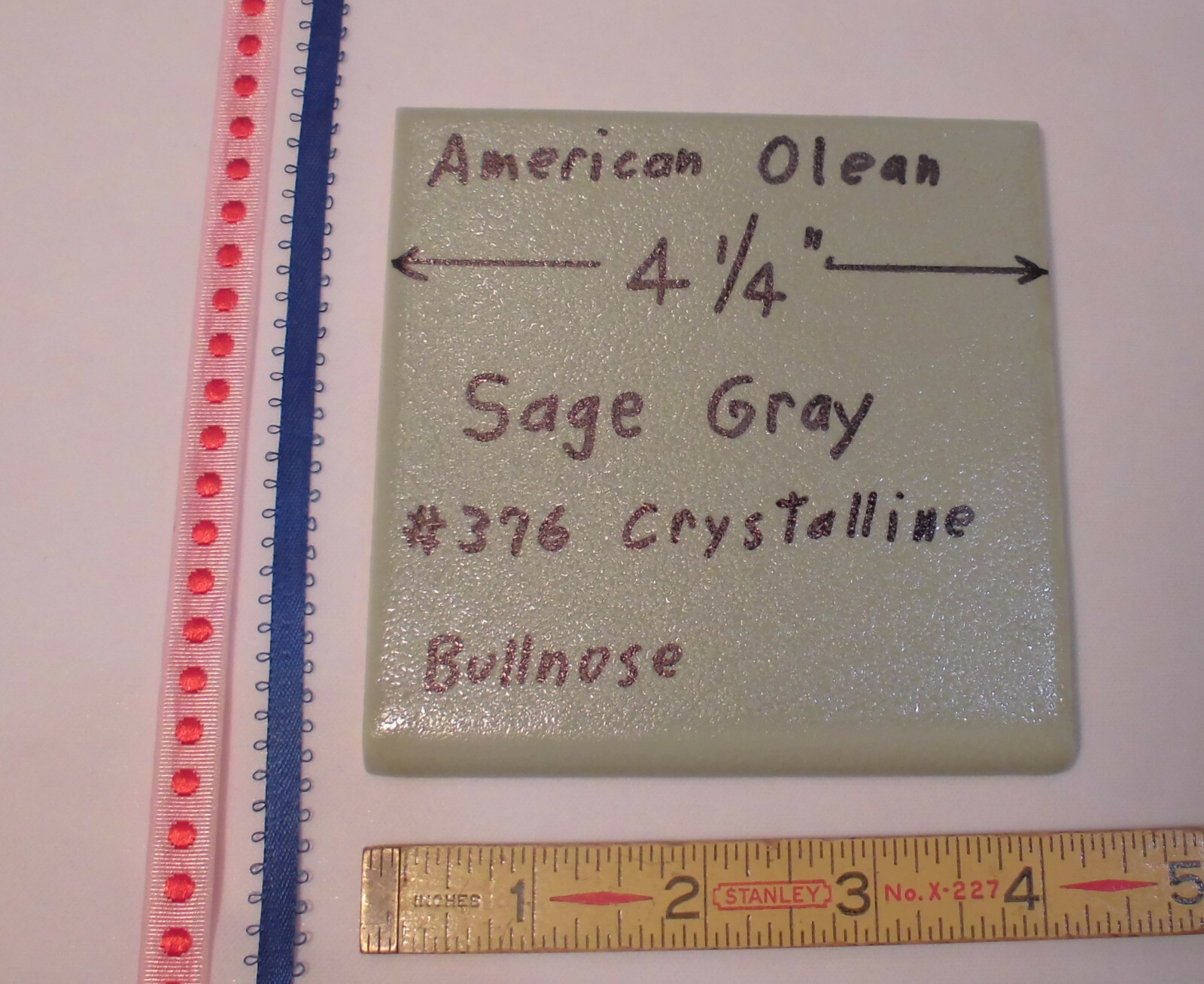 1 pc. *Sage Gray-Green* Crystalline Ceramic Bullnose Tile 4-1/4” American Olean