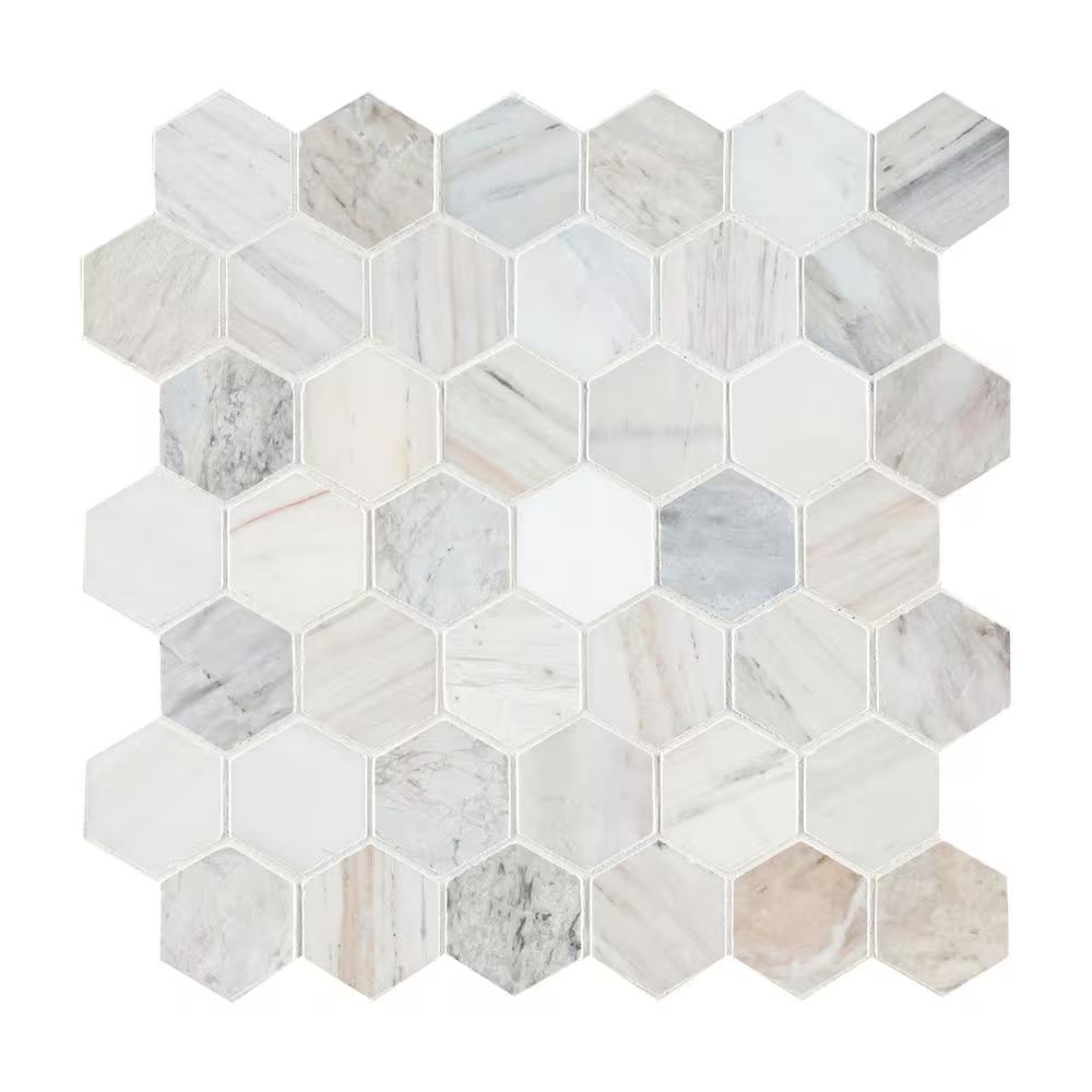 Angora 2 In. Hex 12 In. X 12 In. X 0.38 In. Polished Marble Mesh-Mounted Mosaic