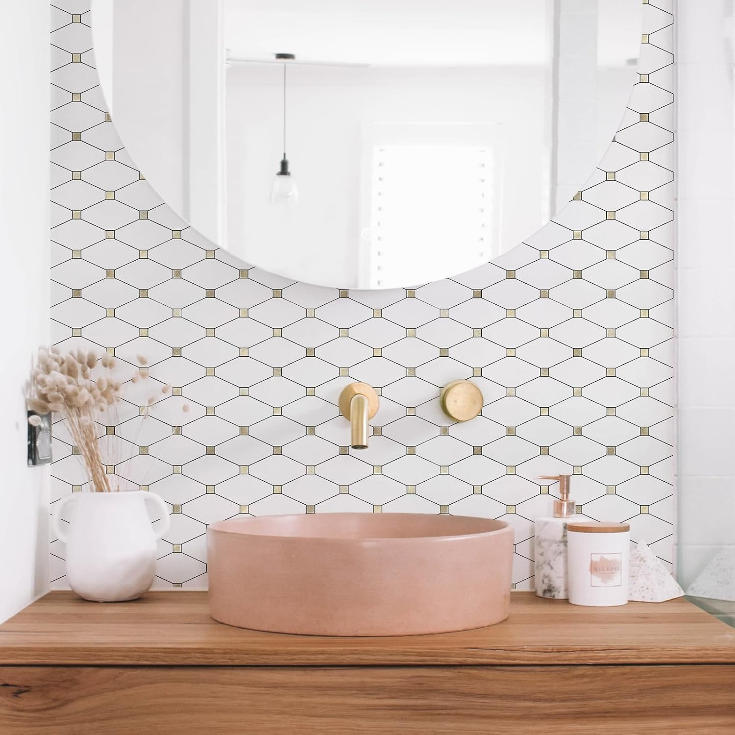 10 Sheets Peel and Stick Backsplash, Pure White Marble Look PVC Mixed Metal Gold