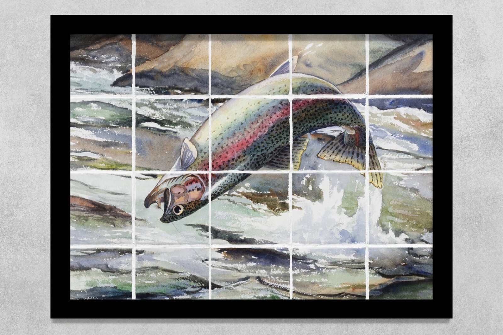 ready to hang ceramic tile mural backsplash. Leaping Rainbow Trout, fishing
