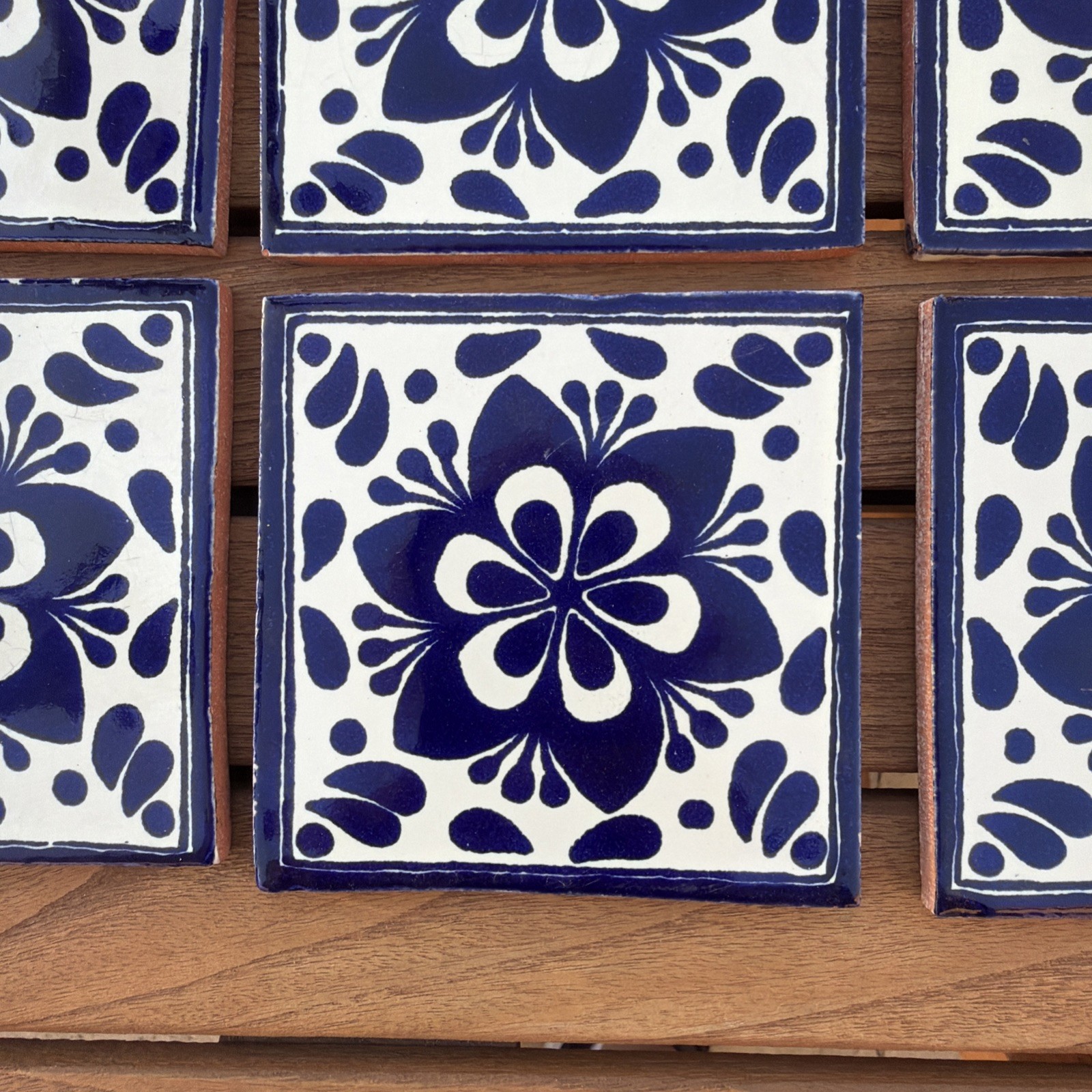 MEXICAN TALAVERA TILES 4×4 TERRACOTTA & BLUE FOLK ART