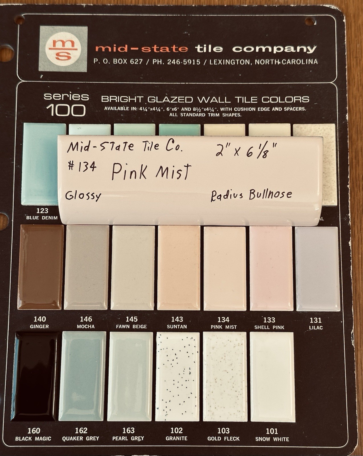 1pc. *Peachy Pink Mist* Glossy Ceramic Radius Mud Cap Bullnose Tile; 2″ X 6″ NOS