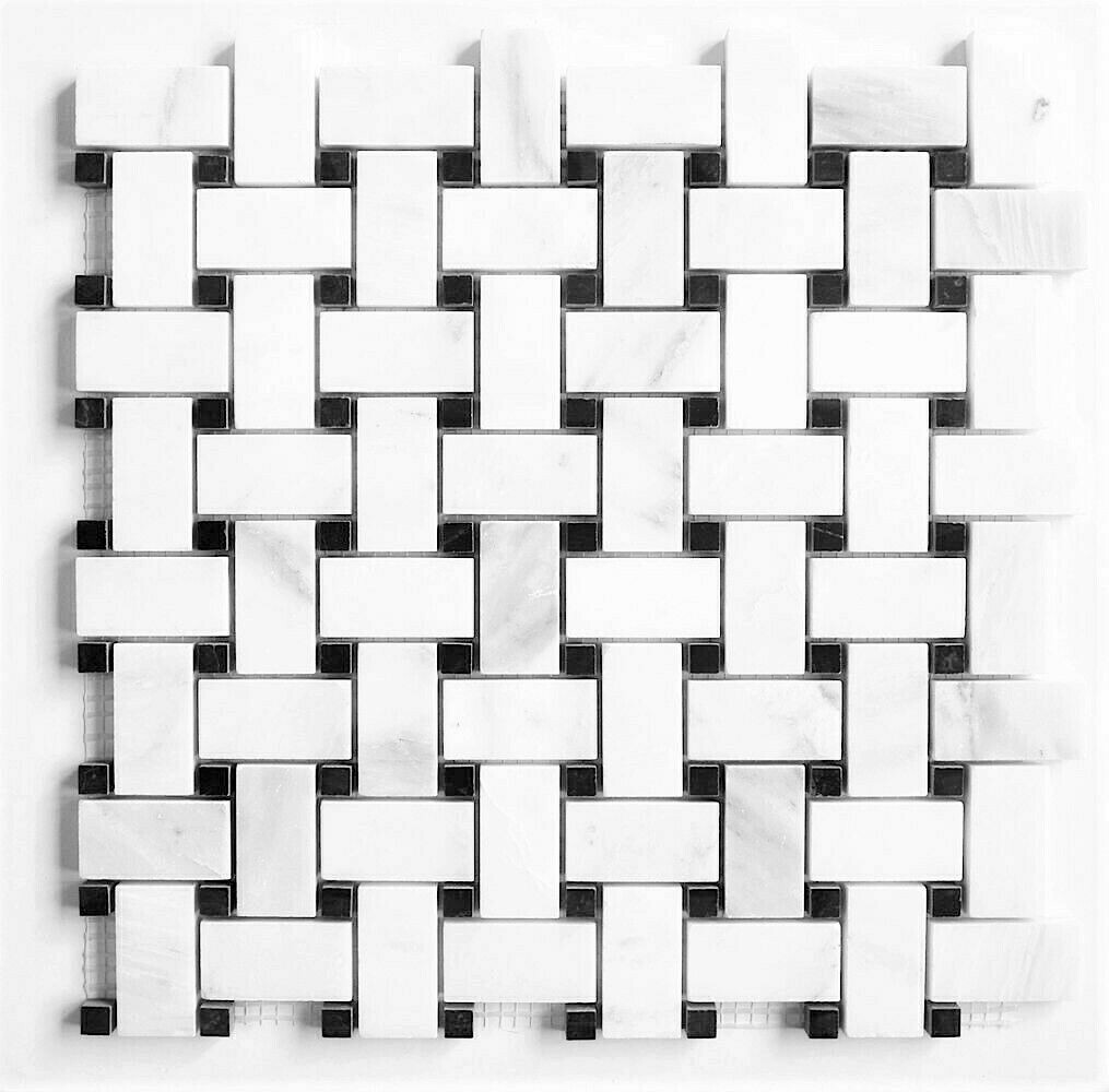 Carrara 1.2×2 Honed w/ Black Marble Dots Basketweave Mosaic Tile (BOX OF 10)