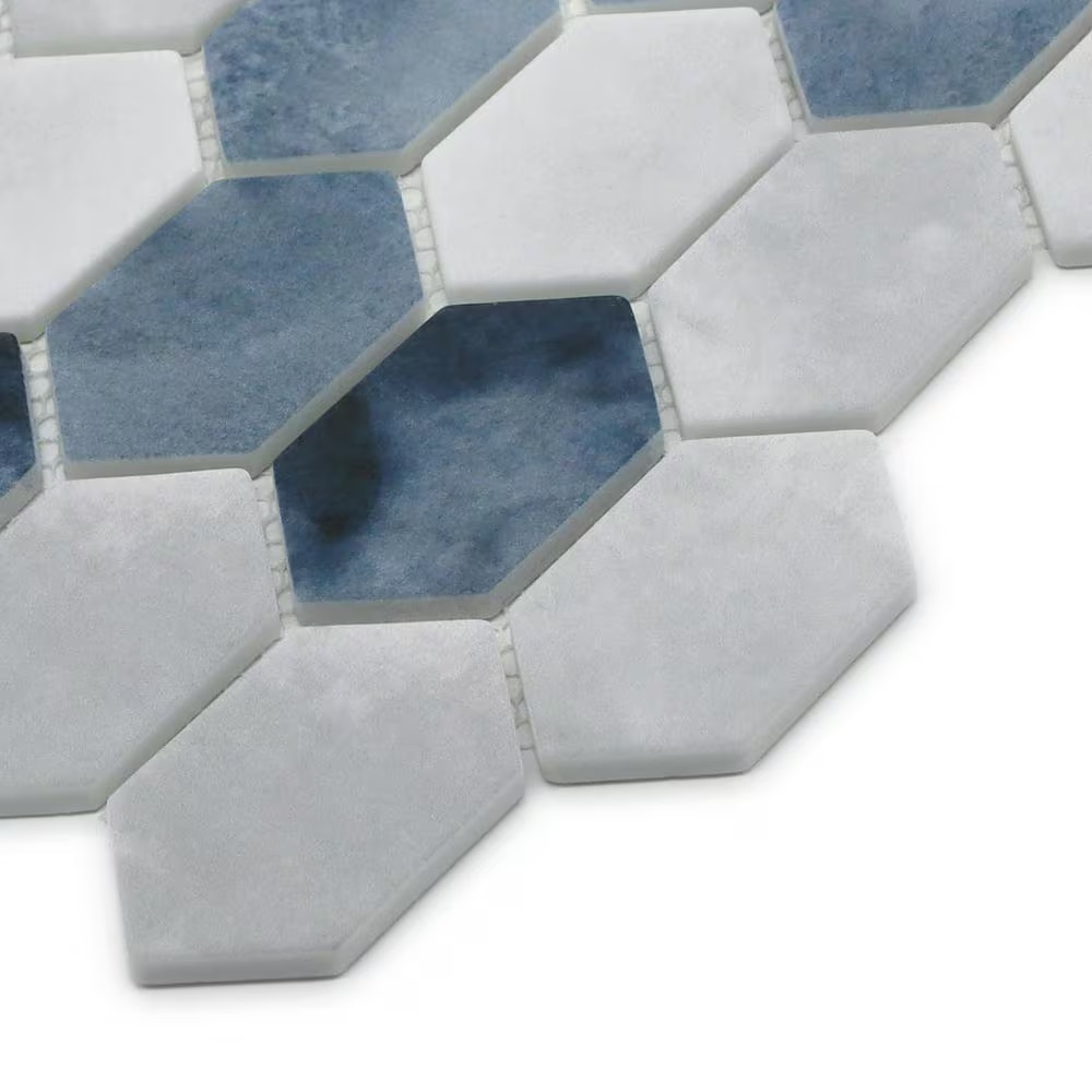 Picket Blue Mix 10.7 In. X 10.1 In. Long Hexagon Recycled Glass Cement Looks Mos