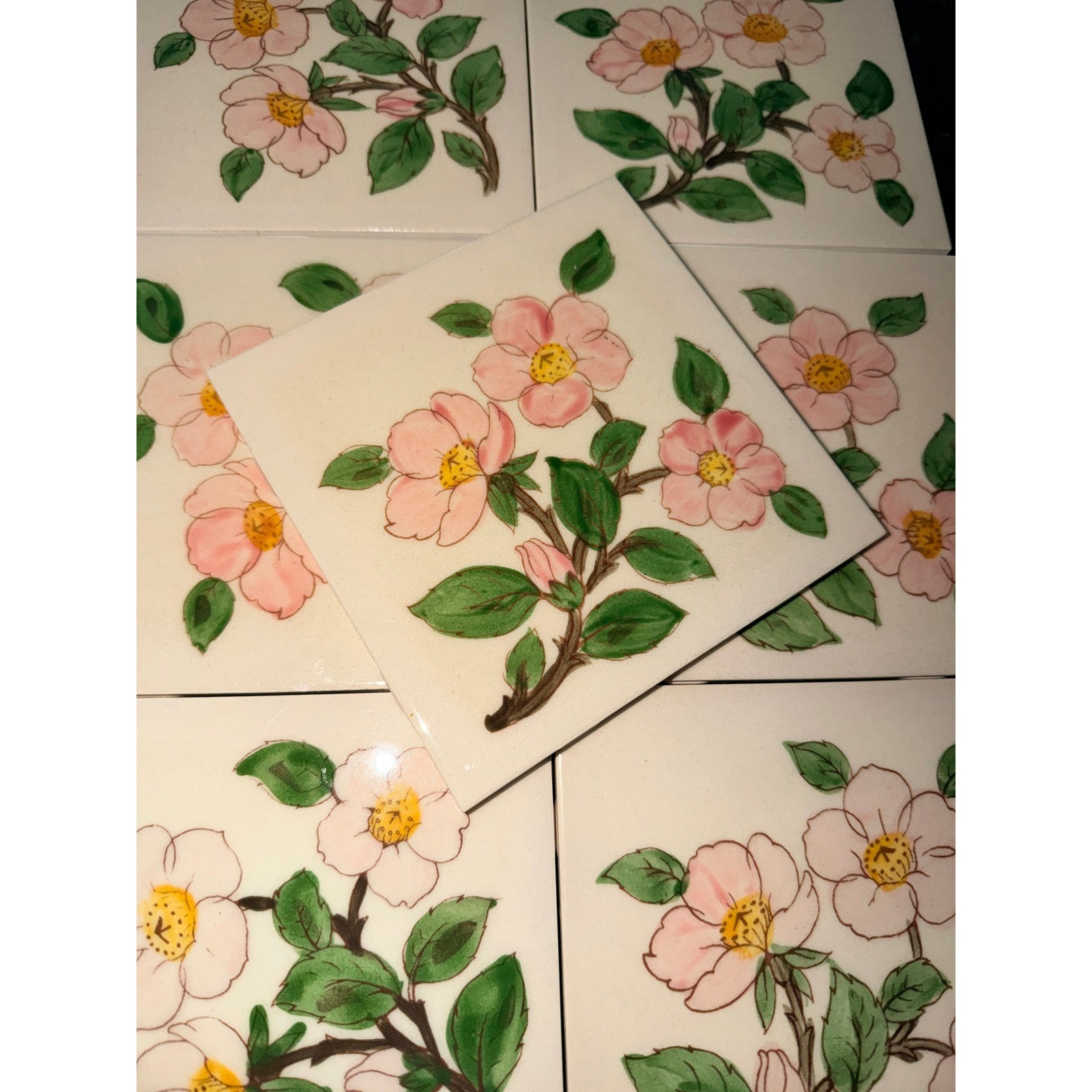 Vintage Franciscan Desert Rose Ceramic Tiles Set of 7 Hand Painted Floral USA