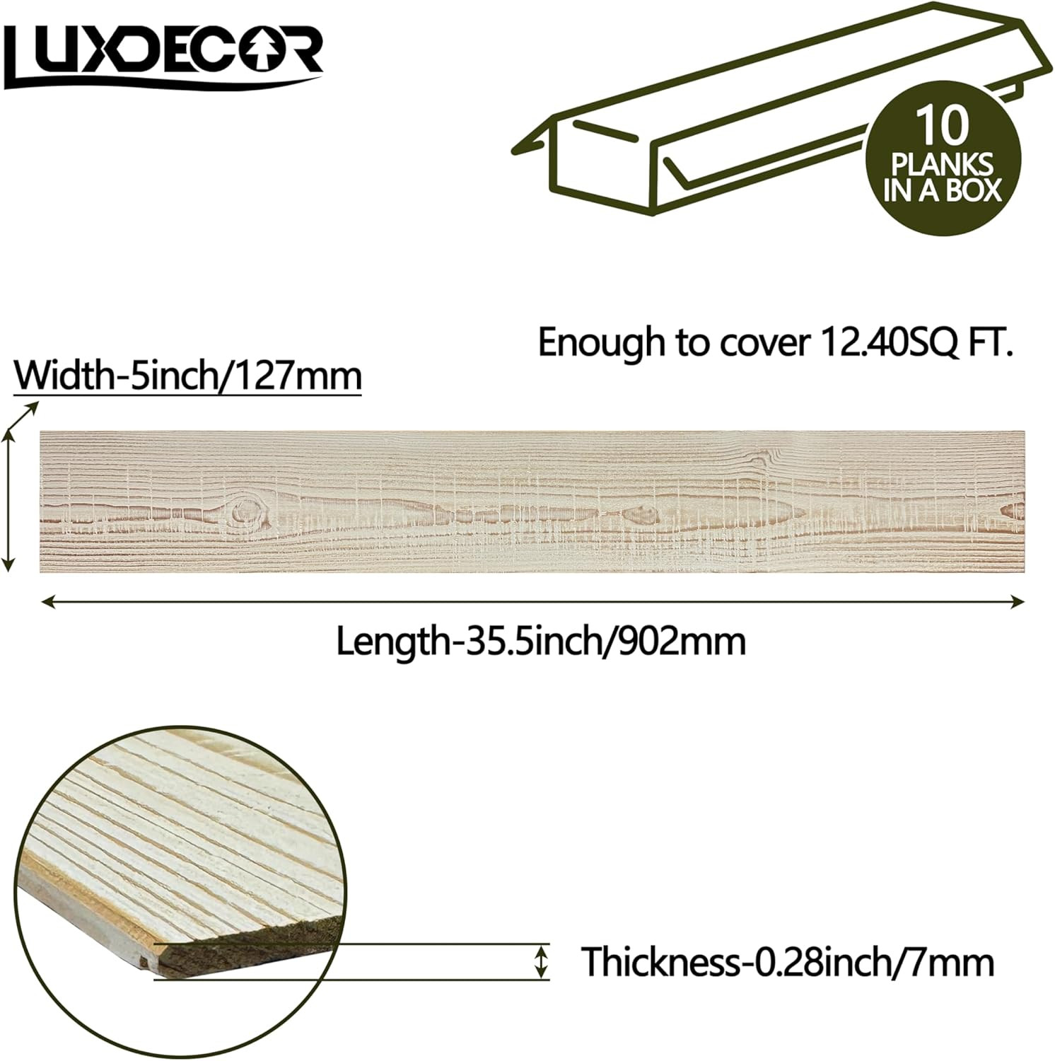 Real Wood Wall Planks – White Shiplap Boards – 5″ Peel and Stick – 10 Pieces – 1