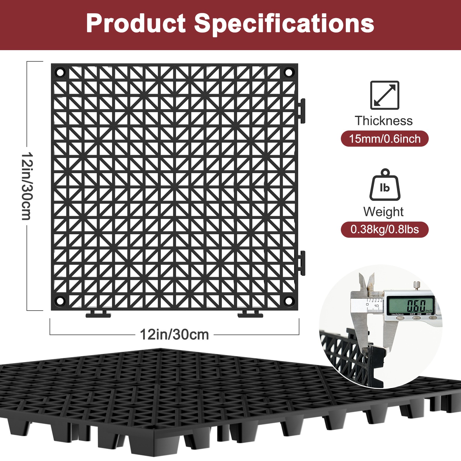 Interlocking 12″x12″ Tiles – Drainage Design in 24/36/50 Packs