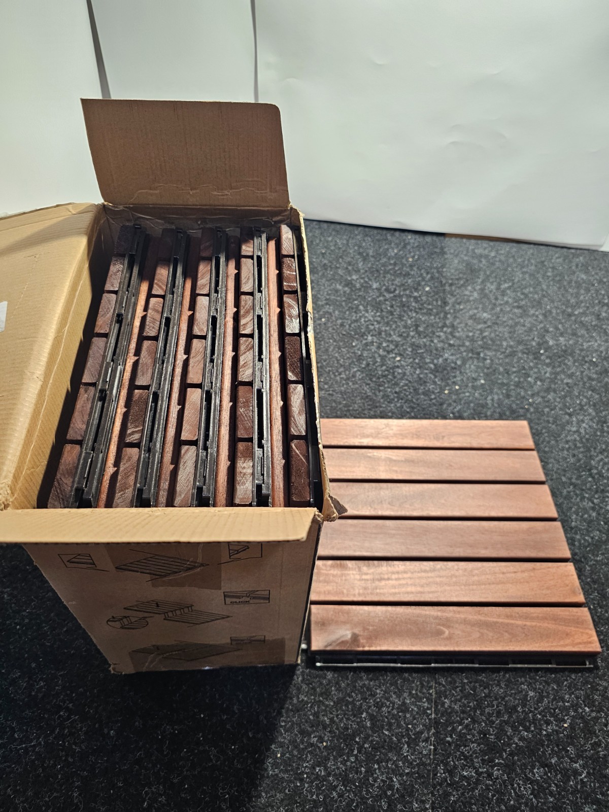 (QTY 10) THYOI 12 x 12 x .075in 6 Slat Deck Tiles Dark Brown Natural Acacia Wood