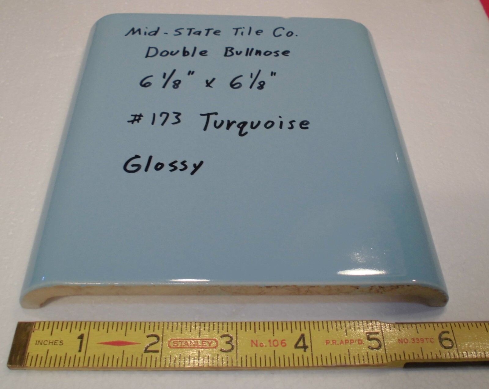 1 pc. Turquoise 6″ x 6″ Double Radius Bullnose Glossy Ceramic Tile: made 1950’s