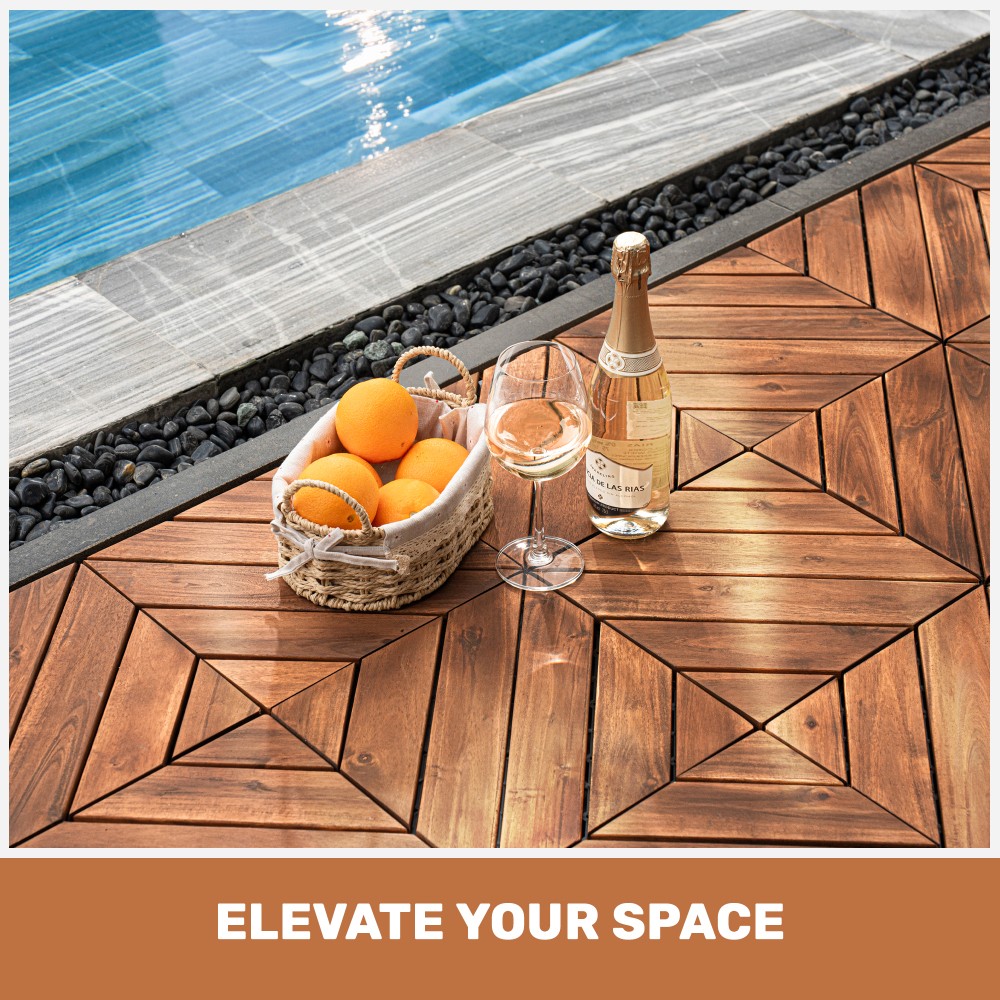 27PCS Interlocking Deck Tiles 12×12 Acacia Wood Diagonal Waterproof Outdoor