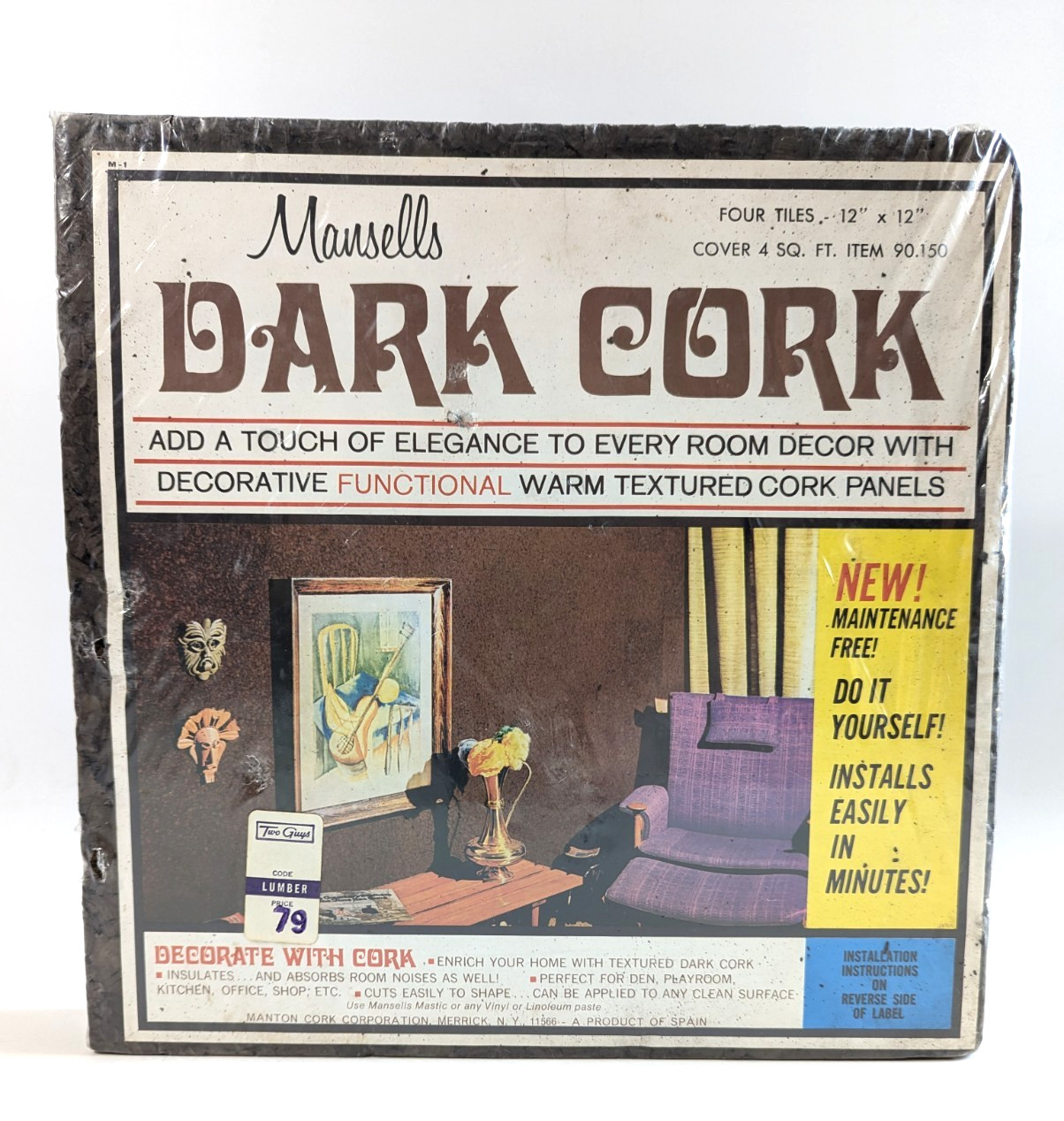 Vintage Mansells Cork Tiles, 12 x 12 70’s Prop 4ft Rare,Dark Mediterranean Brown