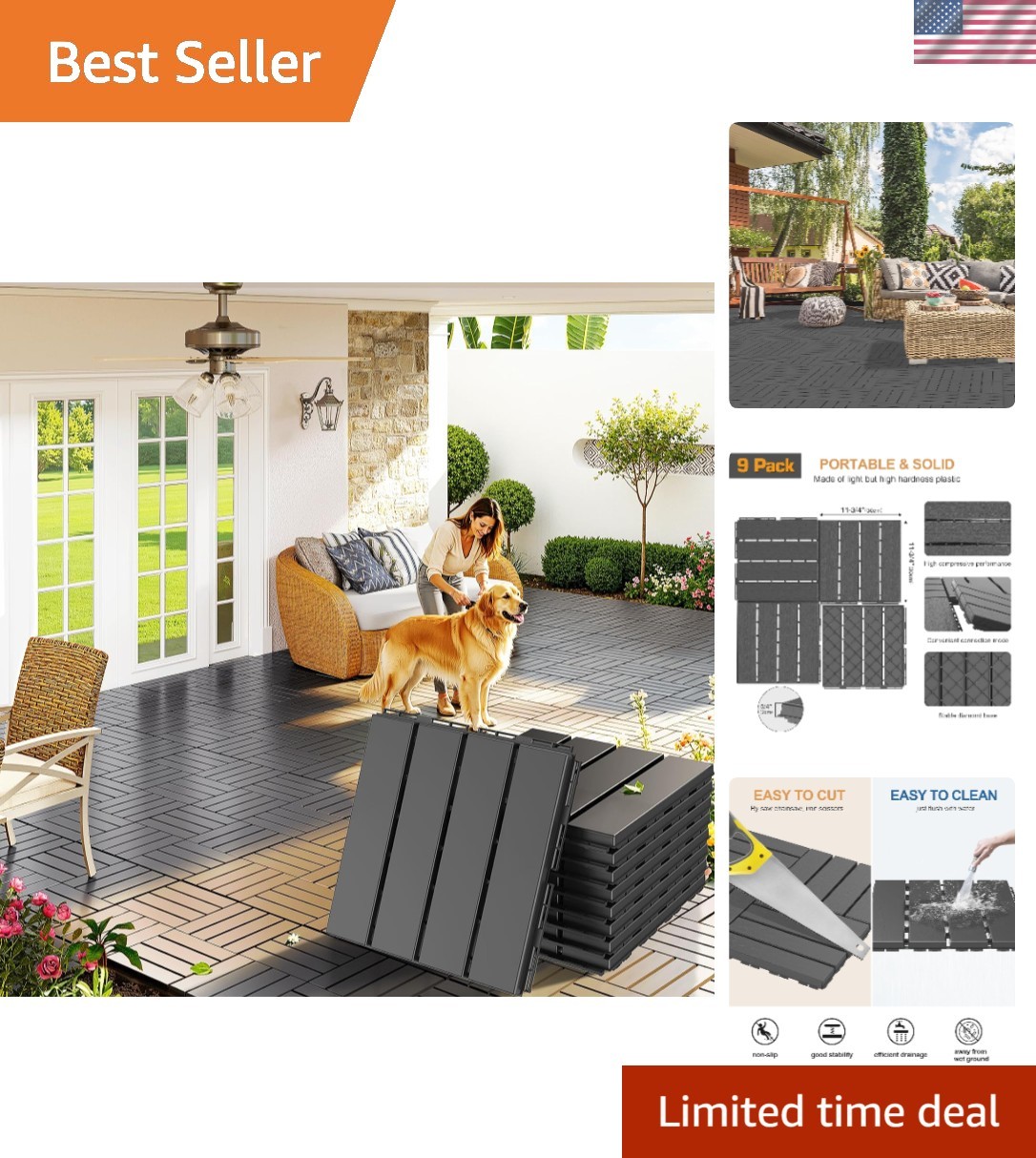 Easy Snap Interlocking Floor Tiles – 12″x12″, Waterproof for Poolside Use