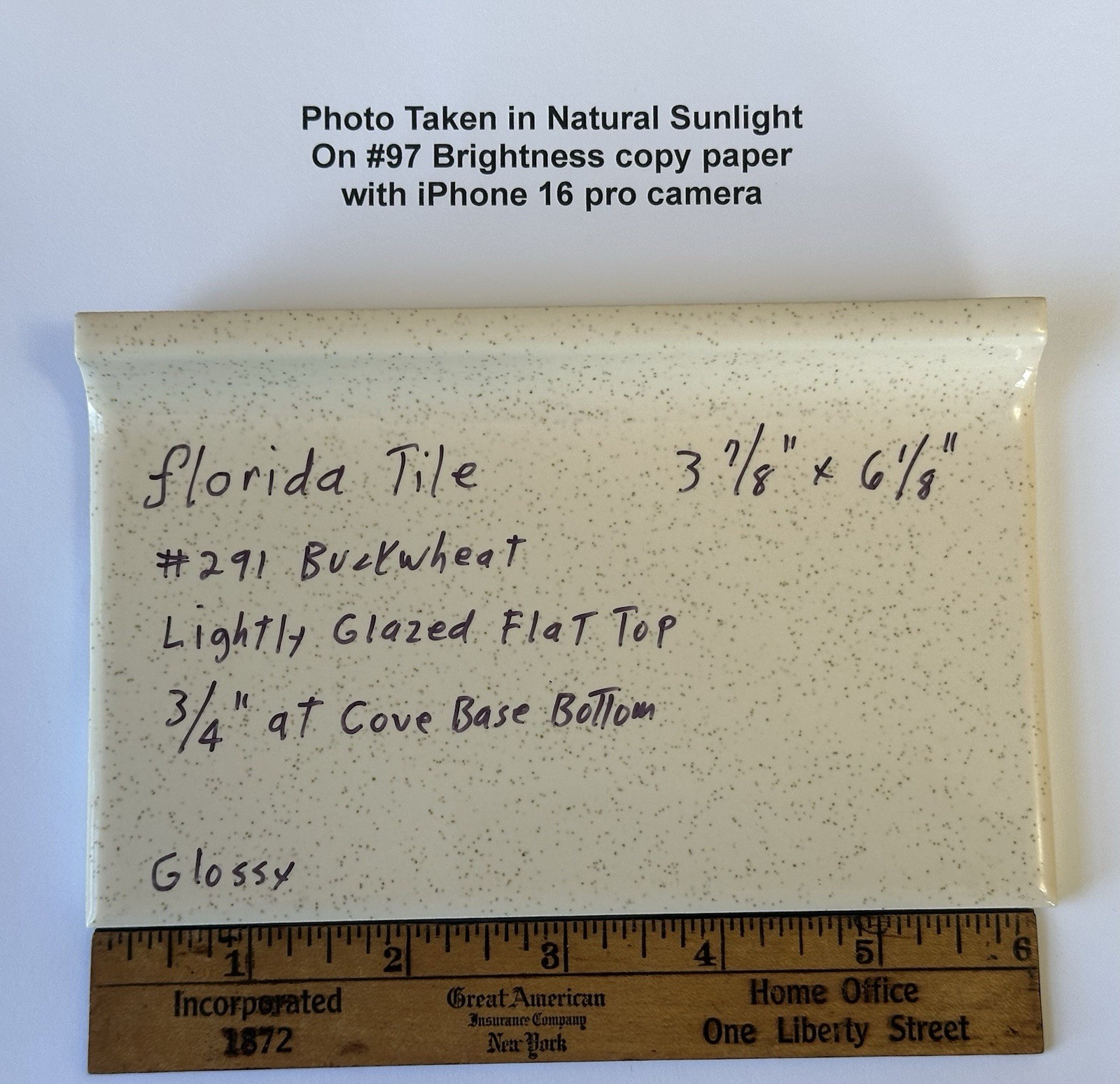 1 pc. Buckwheat 3-7/8 X 6-1/8″ Glossy Ceramic Cove Base Tile, florida, Flat Top