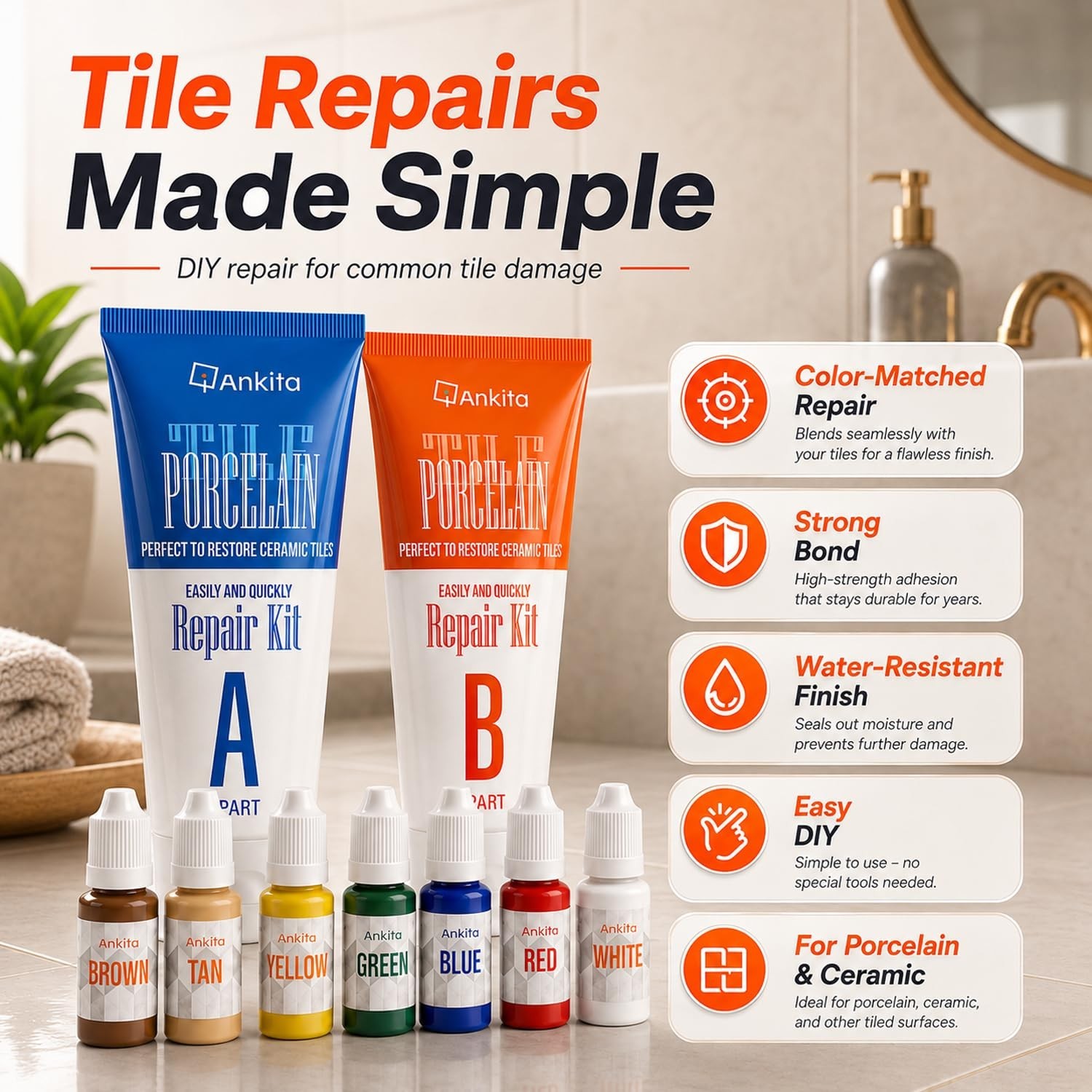 Tile Repair Kit – Color Match Epoxy Putty for Chips, Cracks & Scratches on Ceram