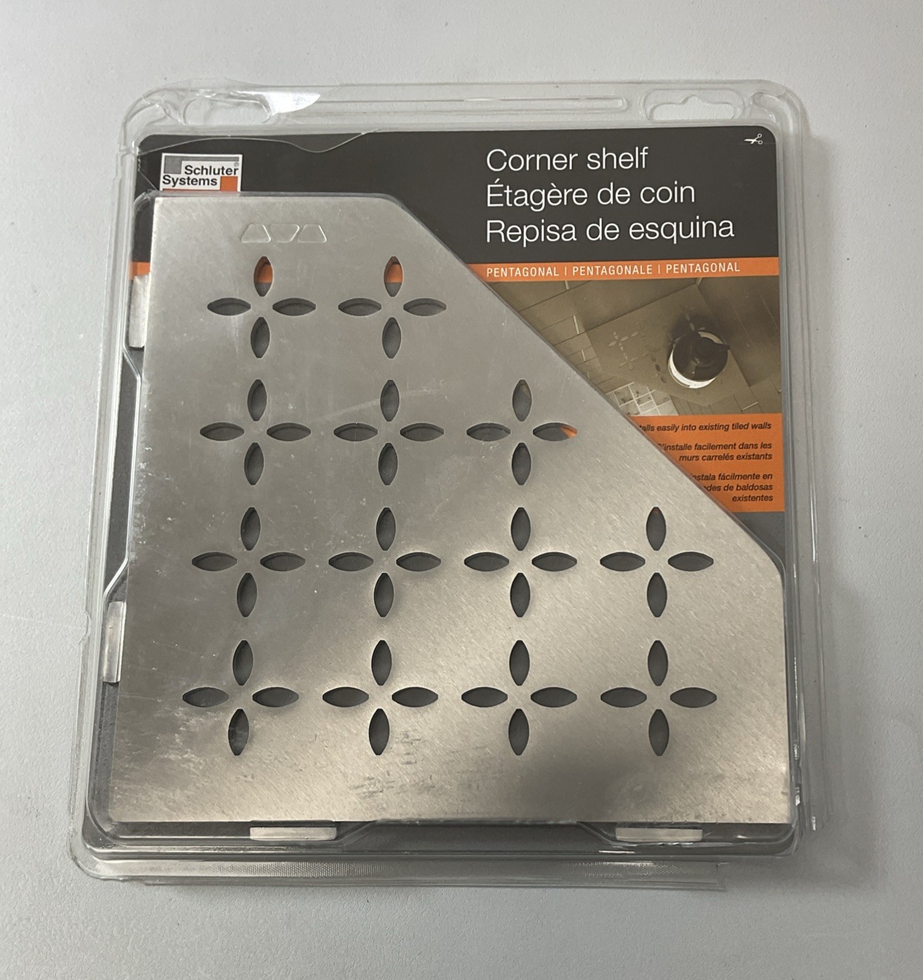 Schluter Pentagonal Corner Shelf for Tiled Walls – Floral Design-Stainless Steel