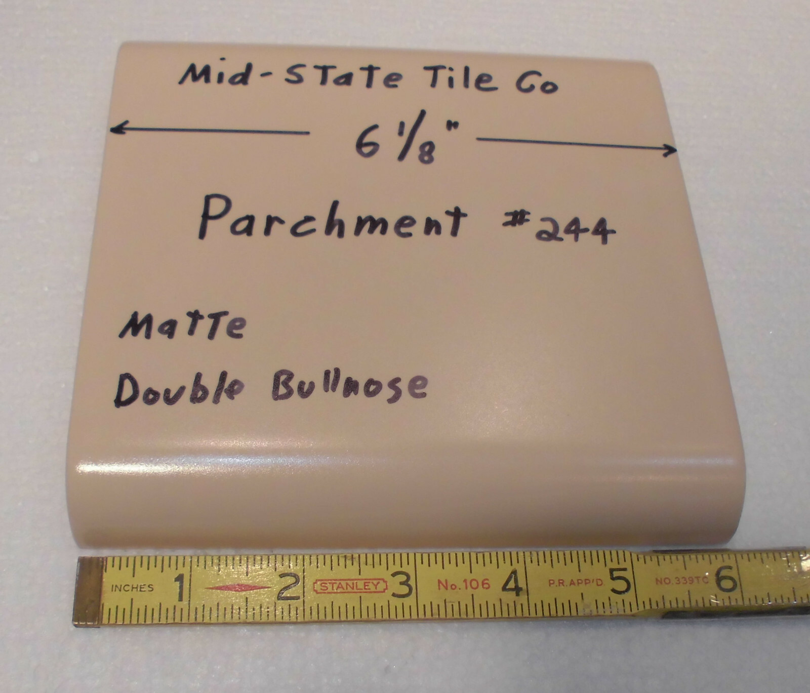 1 pc. Light Brown – Parchment; 6 1/8″ Double Radius Bullnose Glossy Ceramic Tile