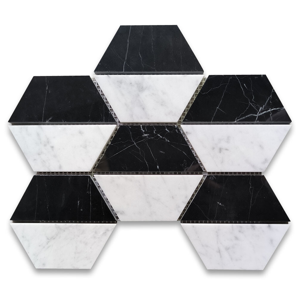 C35T1XP Carrara White Marble Trapezoid Split Hexagon Mosaic Tile Black
