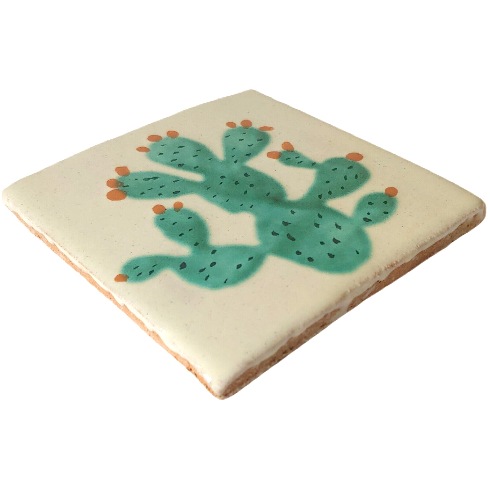 Cactus Handpainted Talavera Terracotta Creamy White Clay Glazed Tiles Mexico 4″