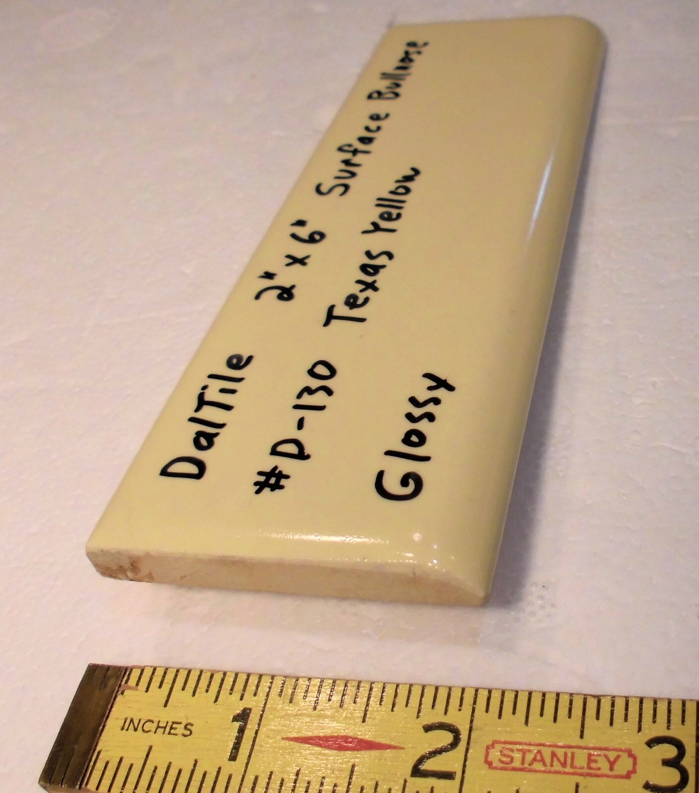 1 pc. Texas Yellow: Glossy Ceramic Bullnose Flat Trim Tile by Daltile in 1970’s