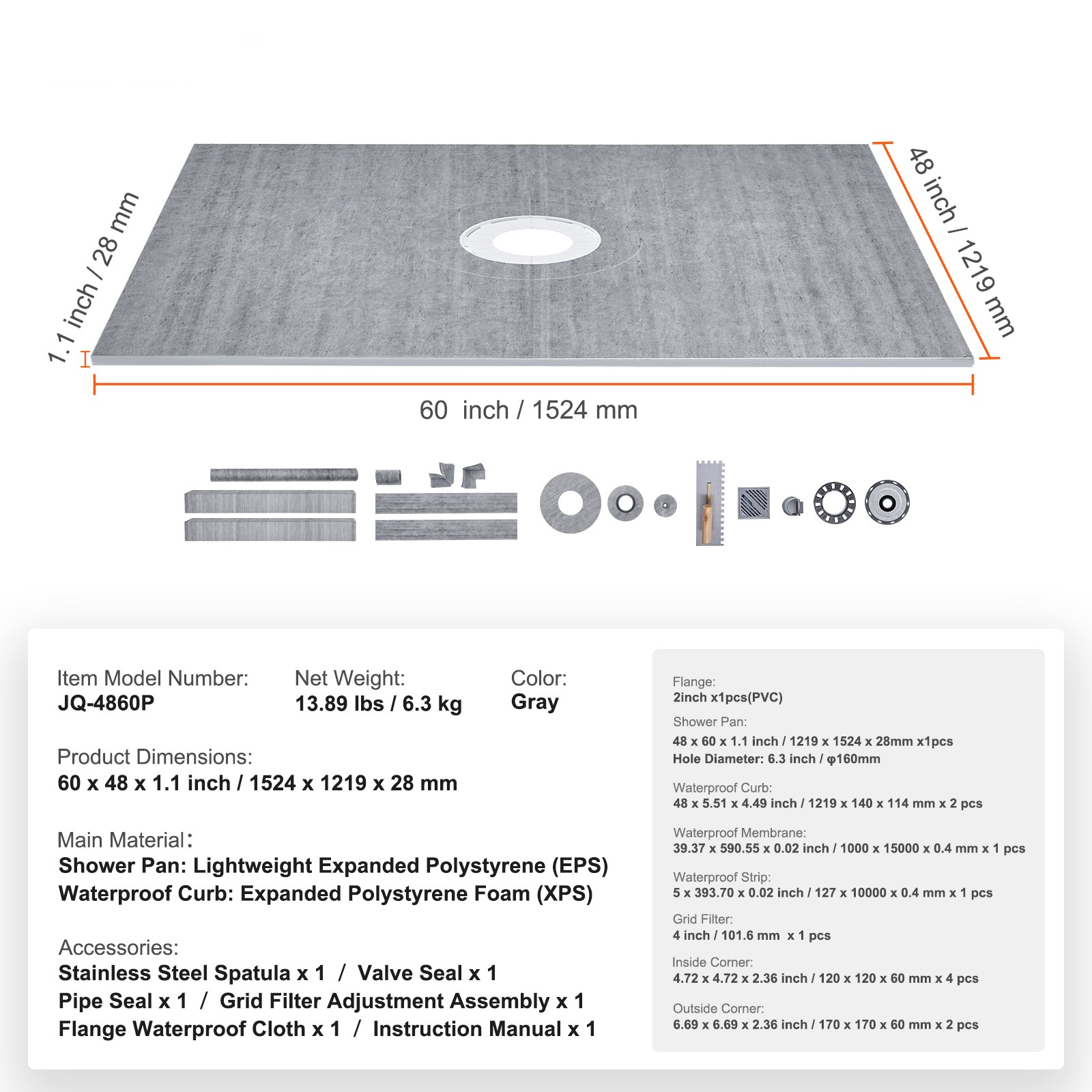 Uimoso Shower Curb Kit Shower Pan Kit 60×48″ w/ 2″ Central Flange PVC Waterproof
